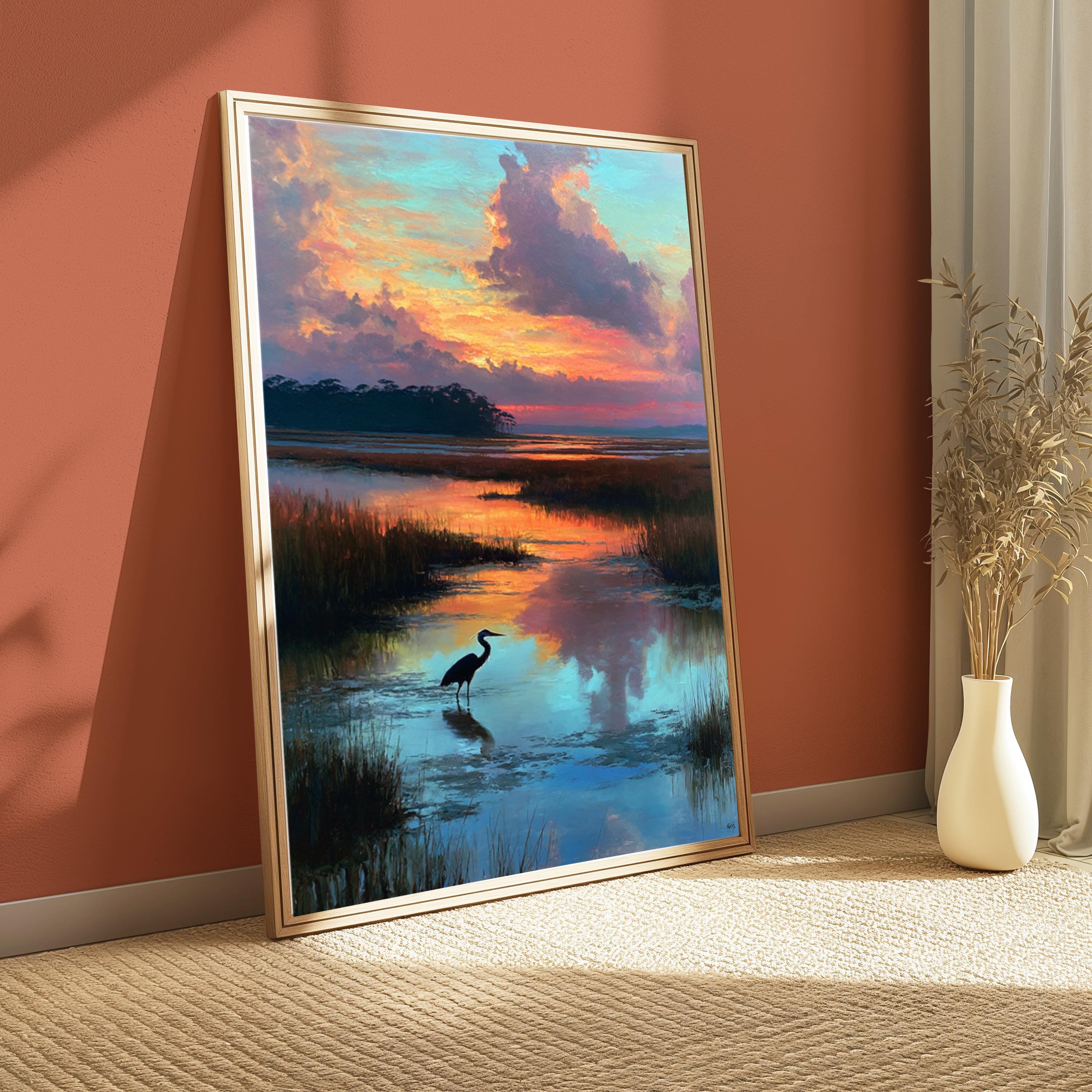 Heron at Marsh Sunset Wall Art, Peaceful Landscape Canvas, Coastal Wetland Nature Decor, Elegant Home Accent, Gift for Nature Lovers