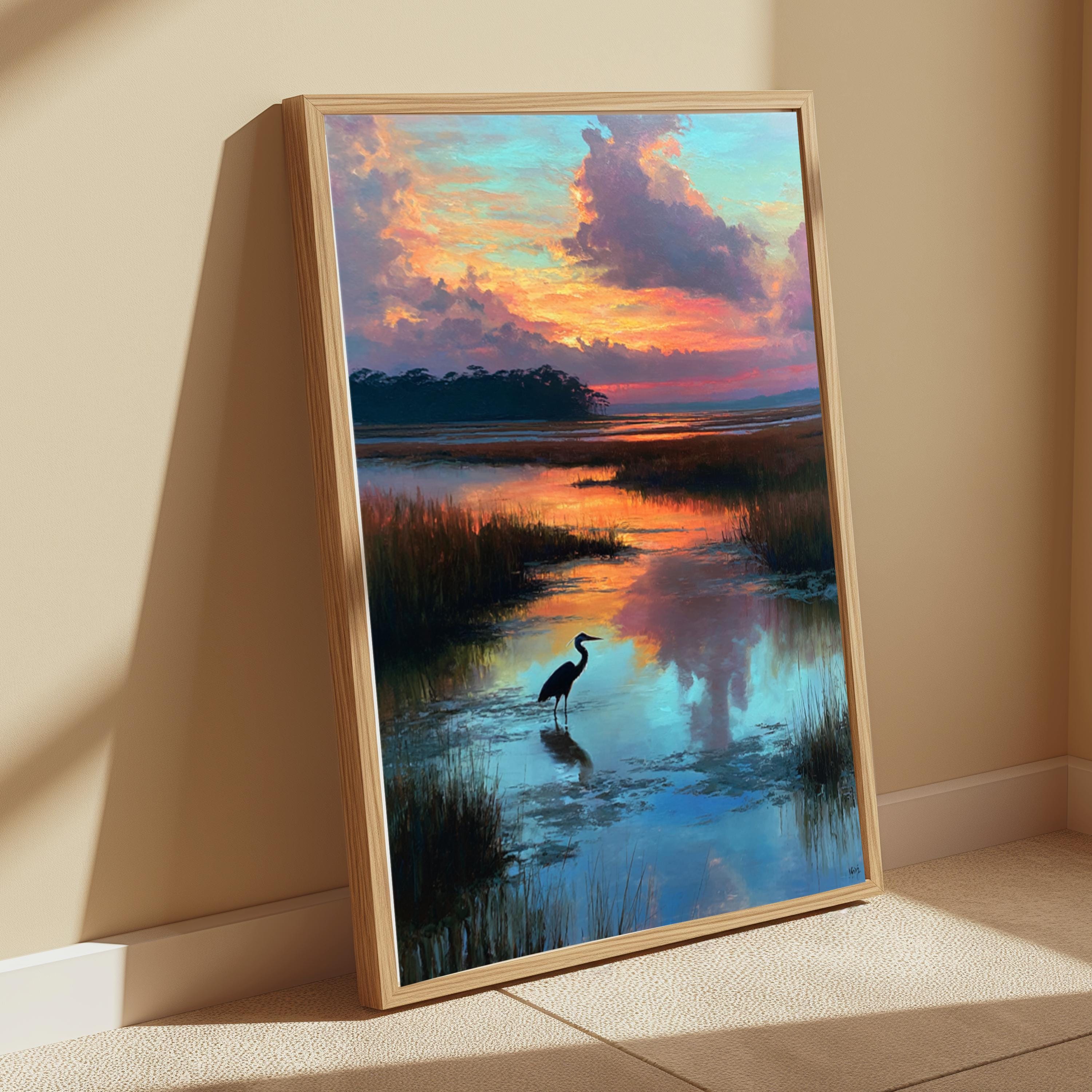 Heron at Marsh Sunset Wall Art, Peaceful Landscape Canvas, Coastal Wetland Nature Decor, Elegant Home Accent, Gift for Nature Lovers
