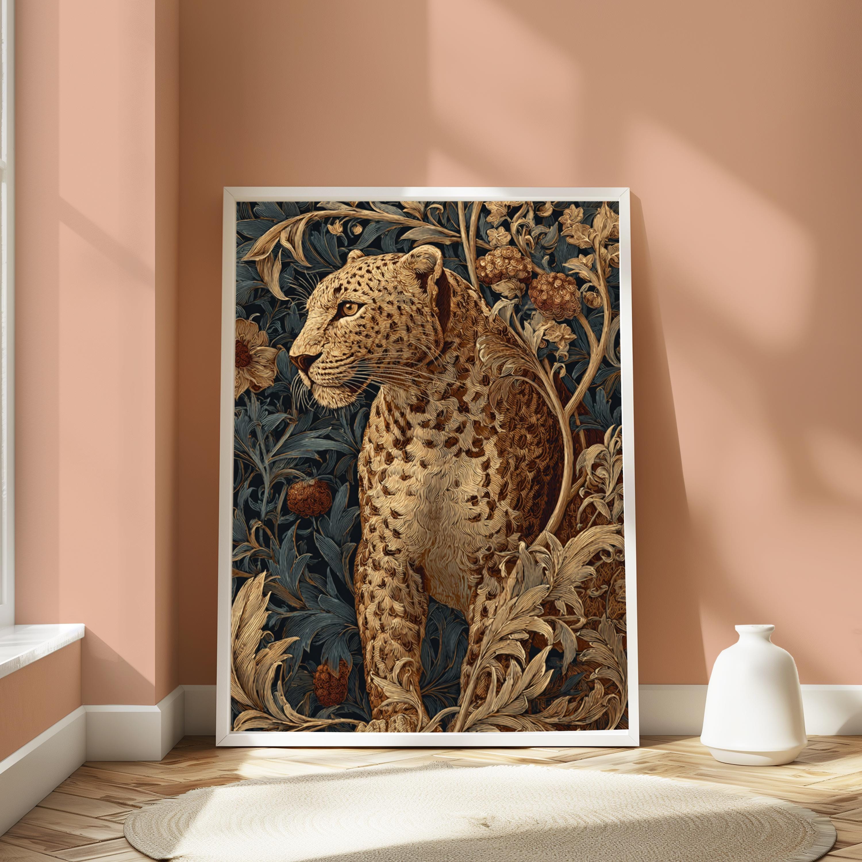 Leopard in Jungle Wall Art, Vintage Botanical Canvas, Tropical Safari Animal Decor, Elegant Home Accent, Gift for Wildlife Lovers