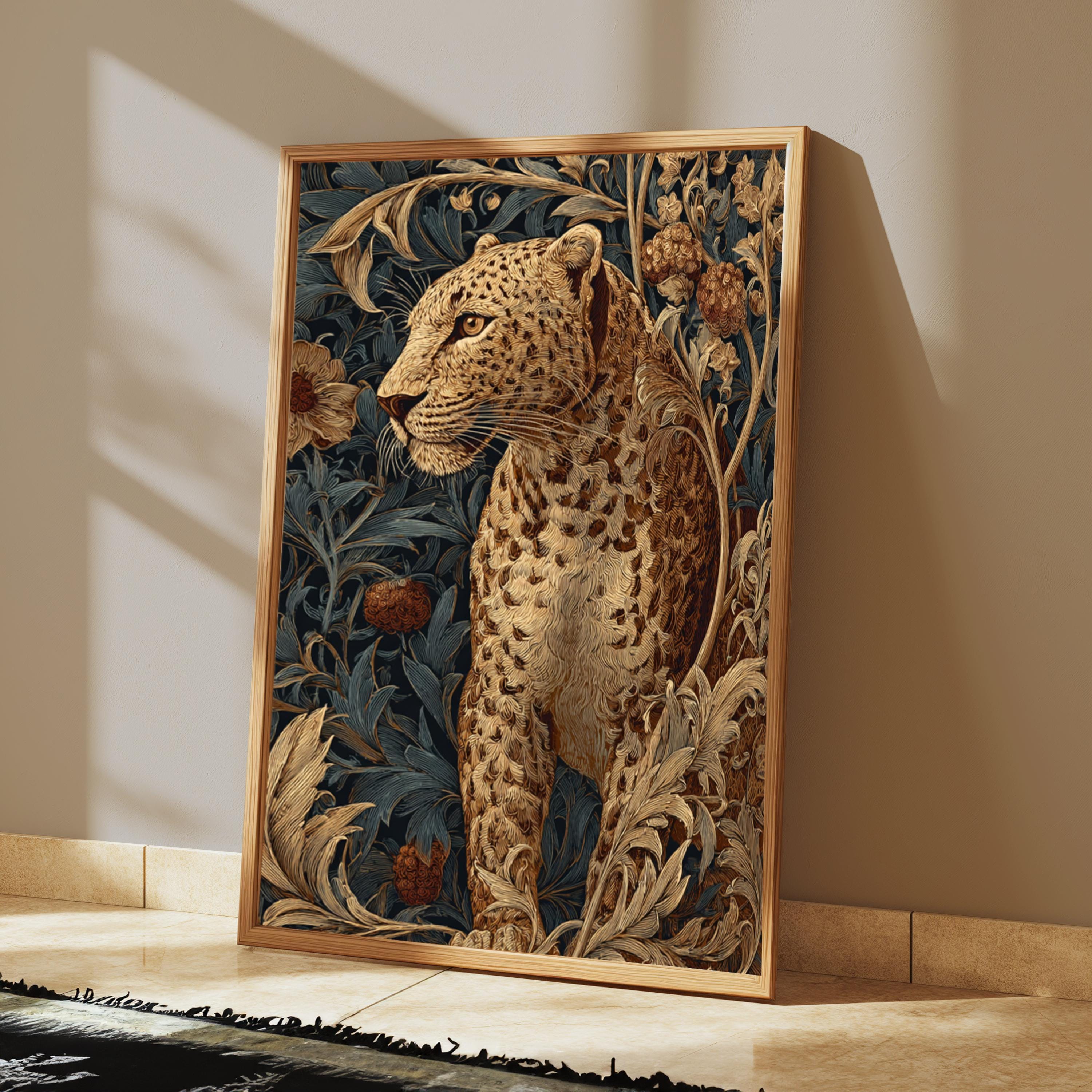 Leopard in Jungle Wall Art, Vintage Botanical Canvas, Tropical Safari Animal Decor, Elegant Home Accent, Gift for Wildlife Lovers