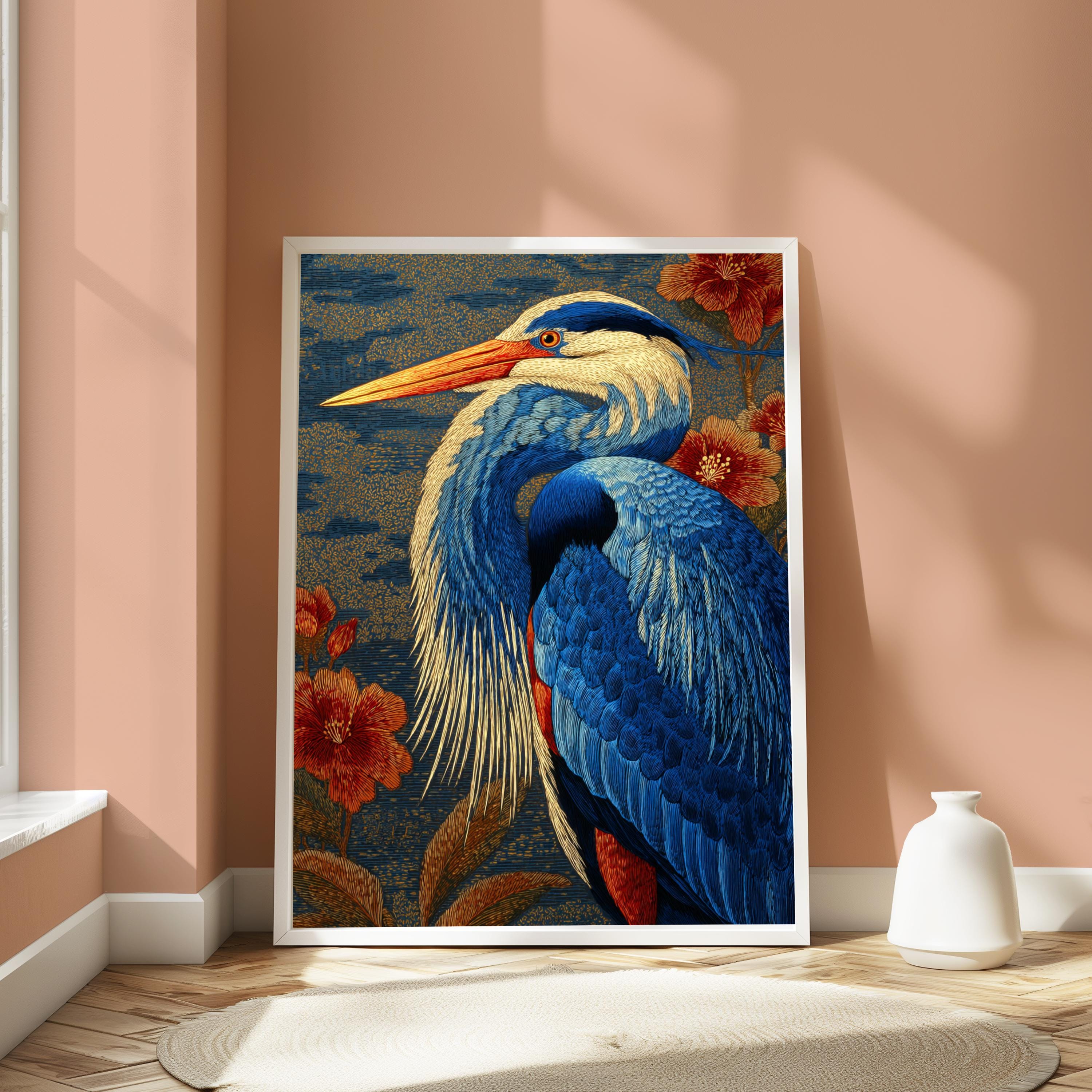 Great Blue Heron Wall Art, William Morris Style Canvas, Botanical Bird Nature Decor, Elegant Home Accent, Gift for Bird Lovers