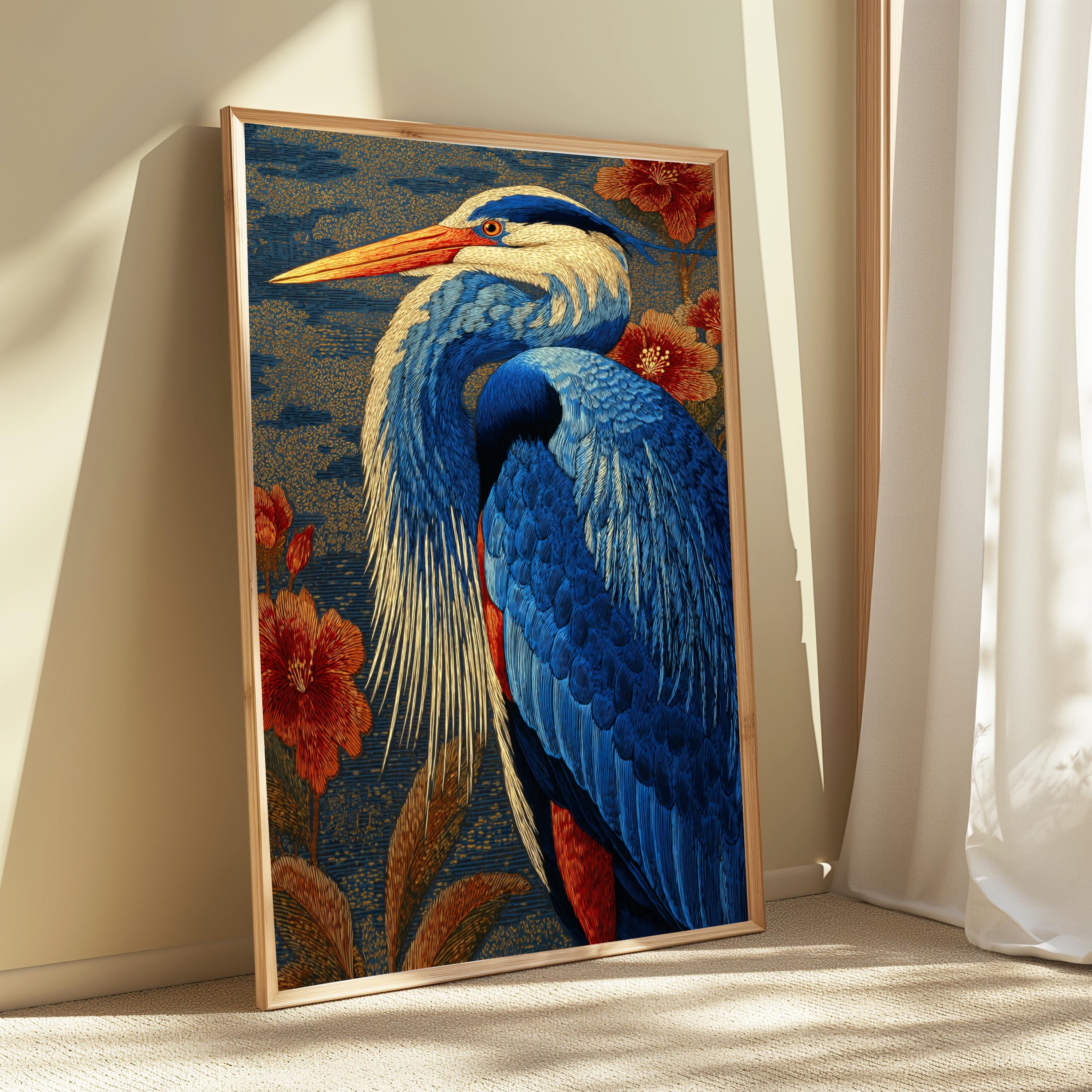 Great Blue Heron Wall Art, William Morris Style Canvas, Botanical Bird Nature Decor, Elegant Home Accent, Gift for Bird Lovers