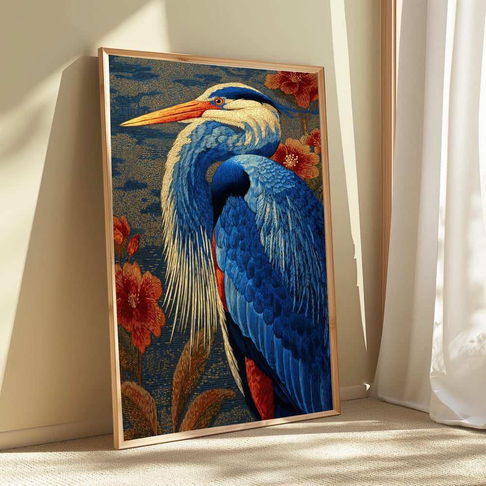 Great Blue Heron Wall Art, William Morris Style Canvas, Botanical Bird Nature Decor, Elegant Home Accent, Gift for Bird Lovers