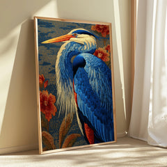Great Blue Heron Wall Art, William Morris Style Canvas, Botanical Bird Nature Decor, Elegant Home Accent, Gift for Bird Lovers