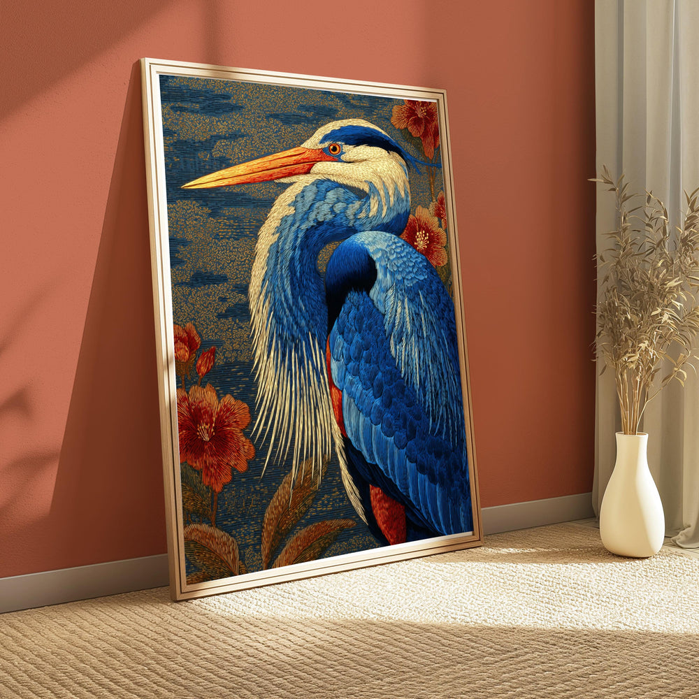 Great Blue Heron Wall Art, William Morris Style Canvas, Botanical Bird Nature Decor, Elegant Home Accent, Gift for Bird Lovers
