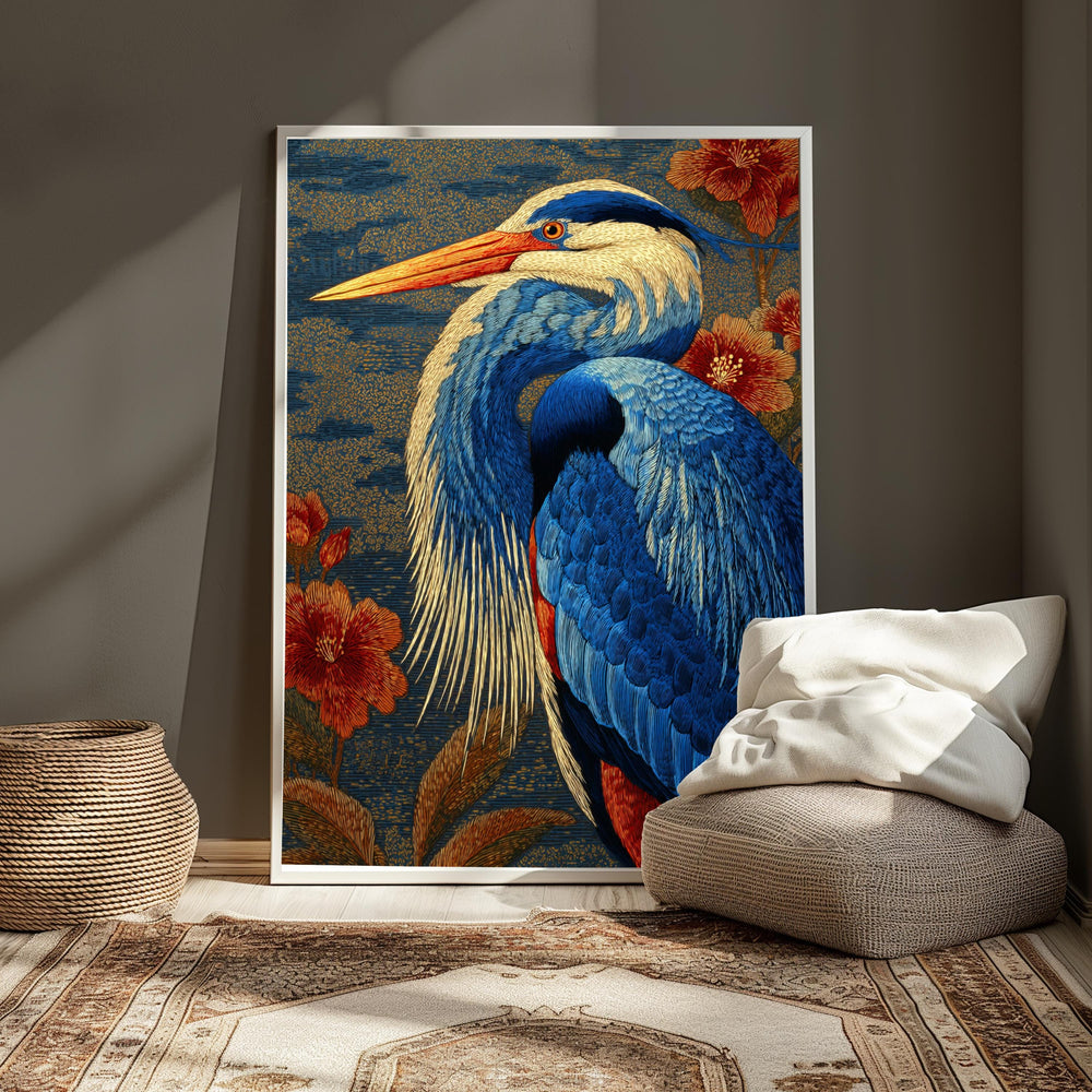 Great Blue Heron Wall Art, William Morris Style Canvas, Botanical Bird Nature Decor, Elegant Home Accent, Gift for Bird Lovers
