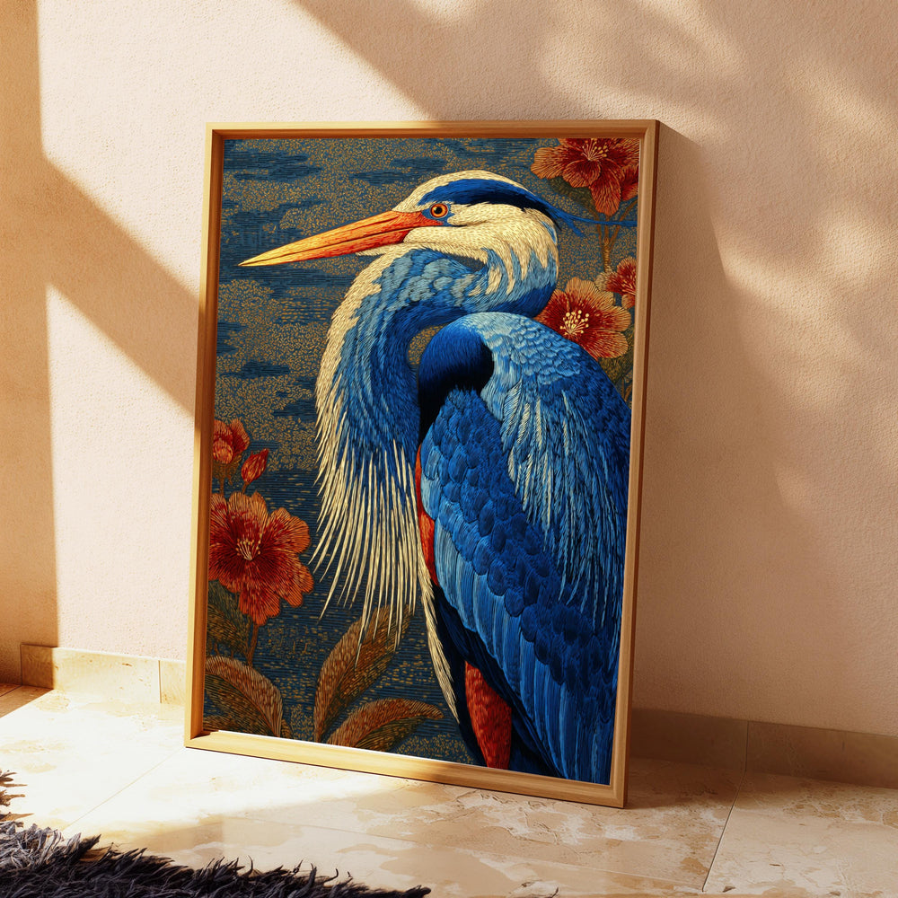 Great Blue Heron Wall Art, William Morris Style Canvas, Botanical Bird Nature Decor, Elegant Home Accent, Gift for Bird Lovers