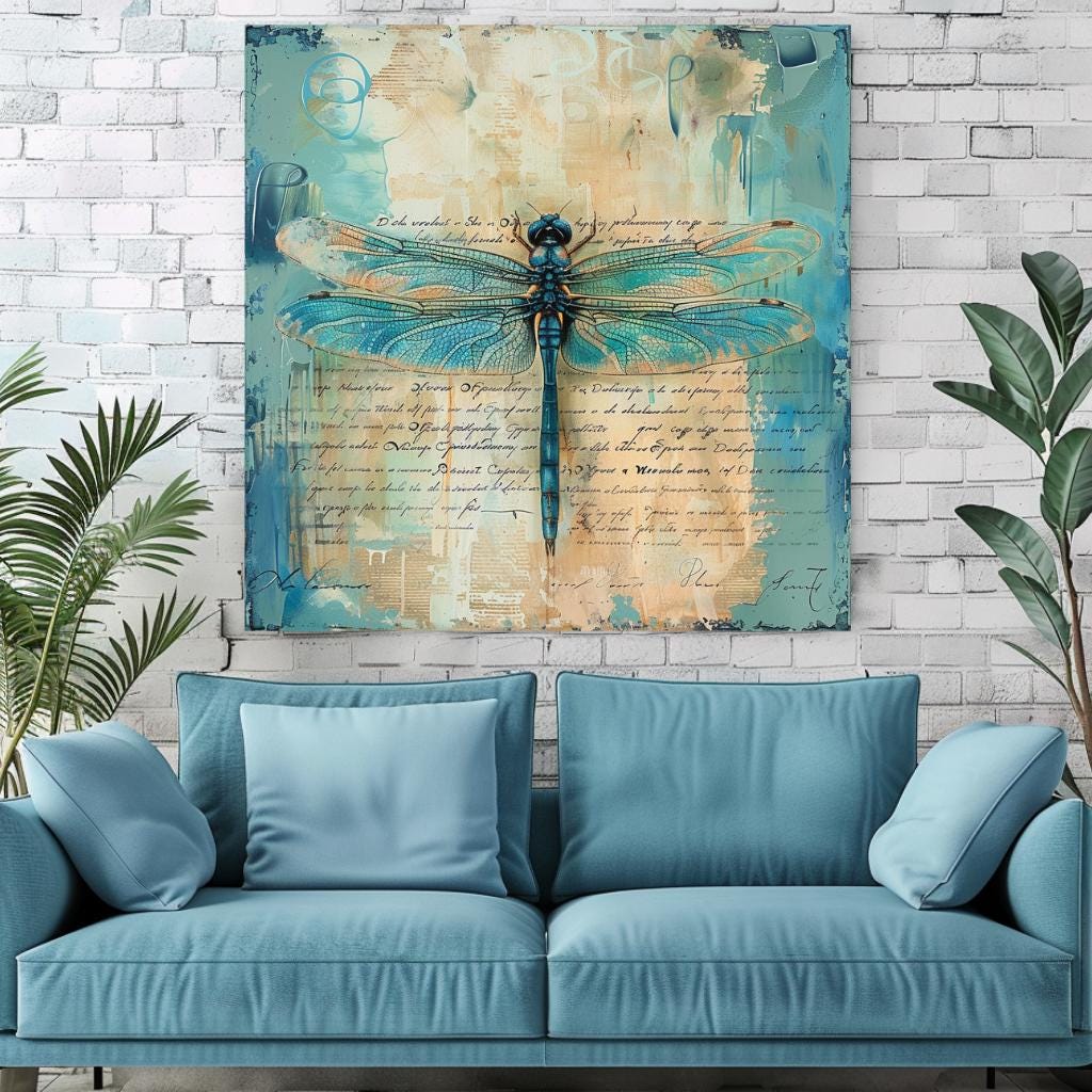 Vintage Teal Dragonfly Canvas, Insect-Inspired Art, Dragonfly Framed Wall Art, Insect Poster Print, Nature Wall Decor, Vintage Framed Canvas