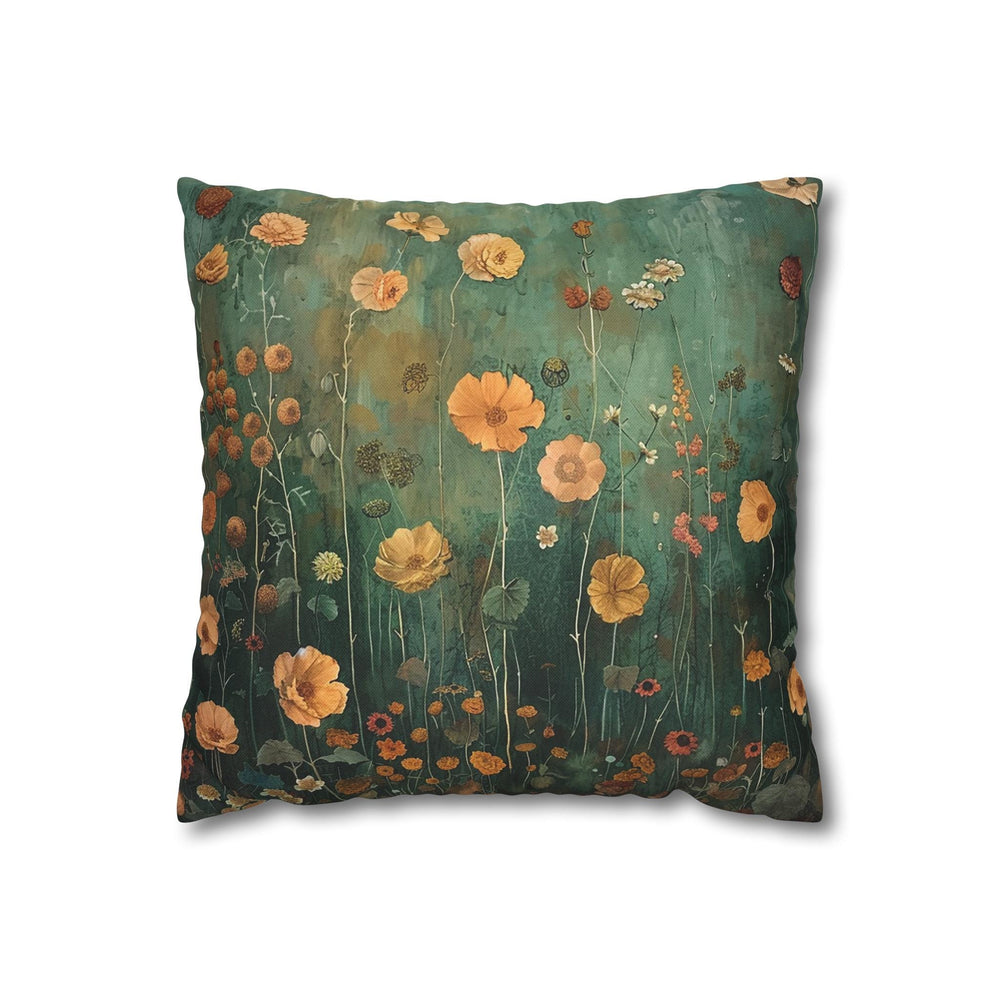 a green pillow with yellow flowers on it