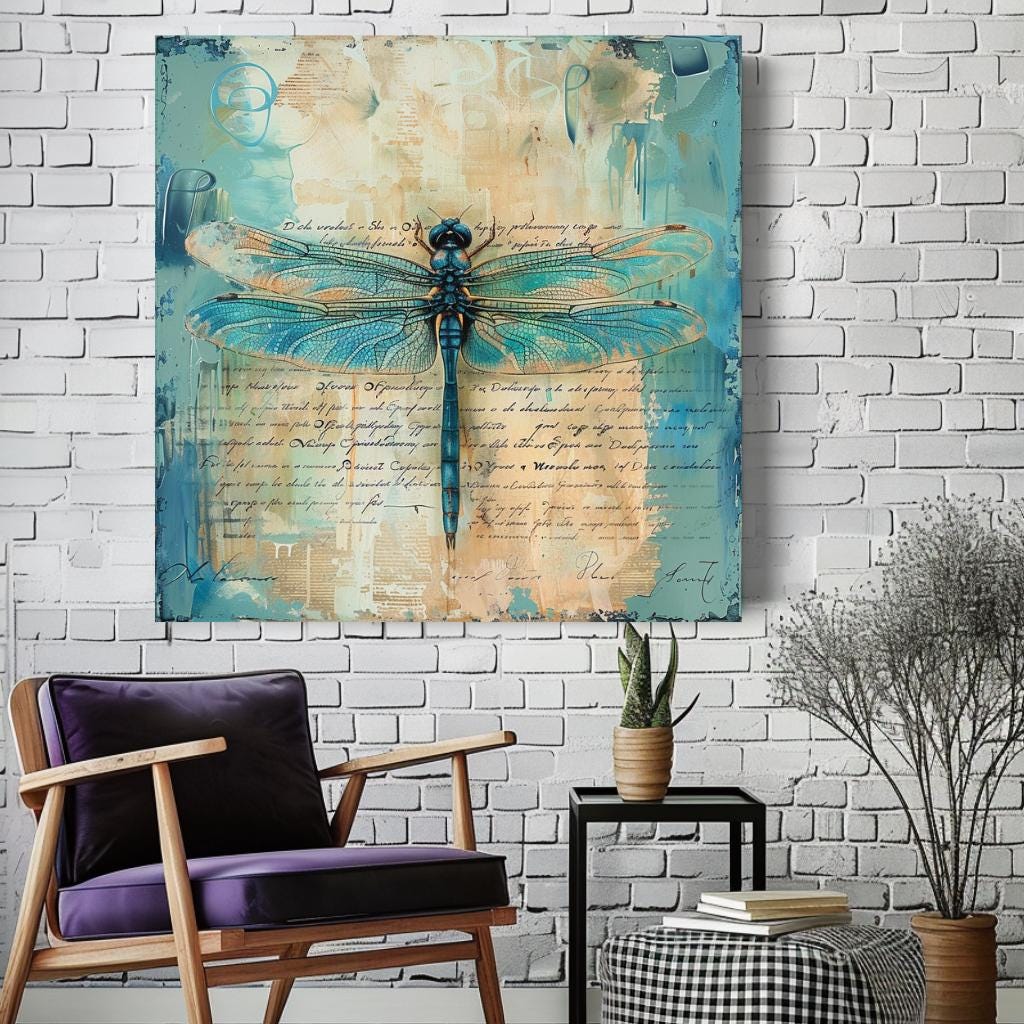 Vintage Teal Dragonfly Canvas, Insect-Inspired Art, Dragonfly Framed Wall Art, Insect Poster Print, Nature Wall Decor, Vintage Framed Canvas