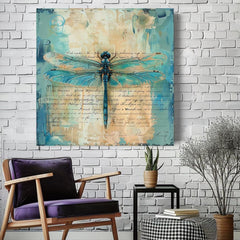 Vintage Teal Dragonfly Canvas, Insect-Inspired Art, Dragonfly Framed Wall Art, Insect Poster Print, Nature Wall Decor, Vintage Framed Canvas