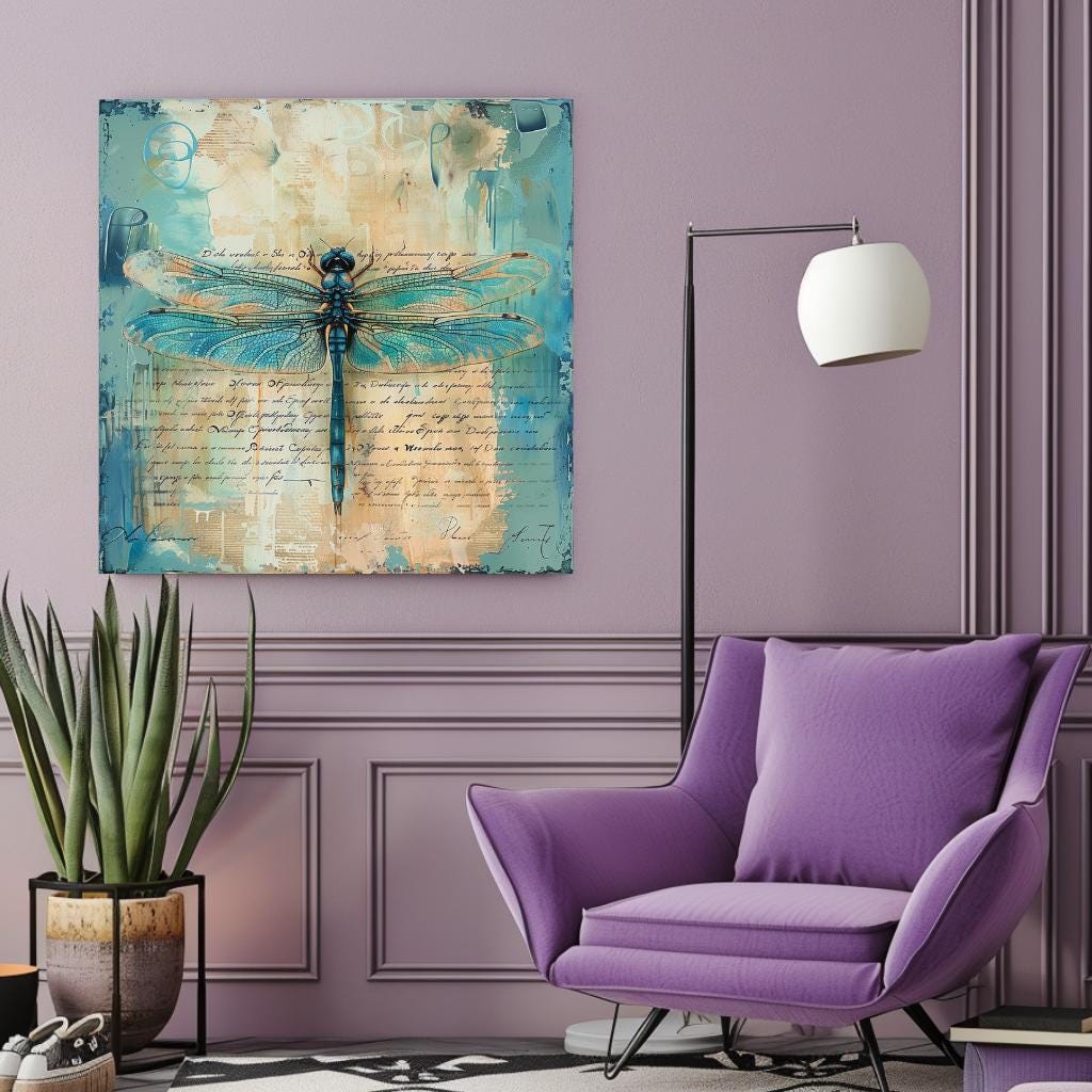 Vintage Teal Dragonfly Canvas, Insect-Inspired Art, Dragonfly Framed Wall Art, Insect Poster Print, Nature Wall Decor, Vintage Framed Canvas
