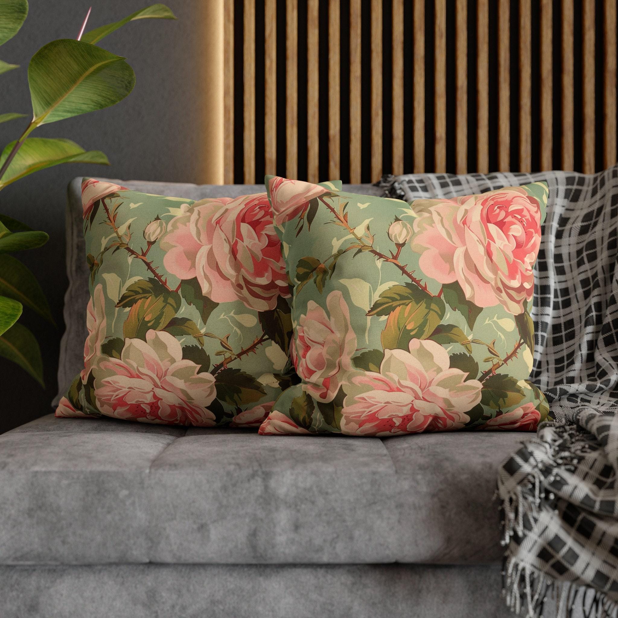 20th Century Vintage Inspired Shabby Chic Pink Dahlia Pillow Decor, Pink Floral Living Room Accessory, Floral Home Decor Pillow