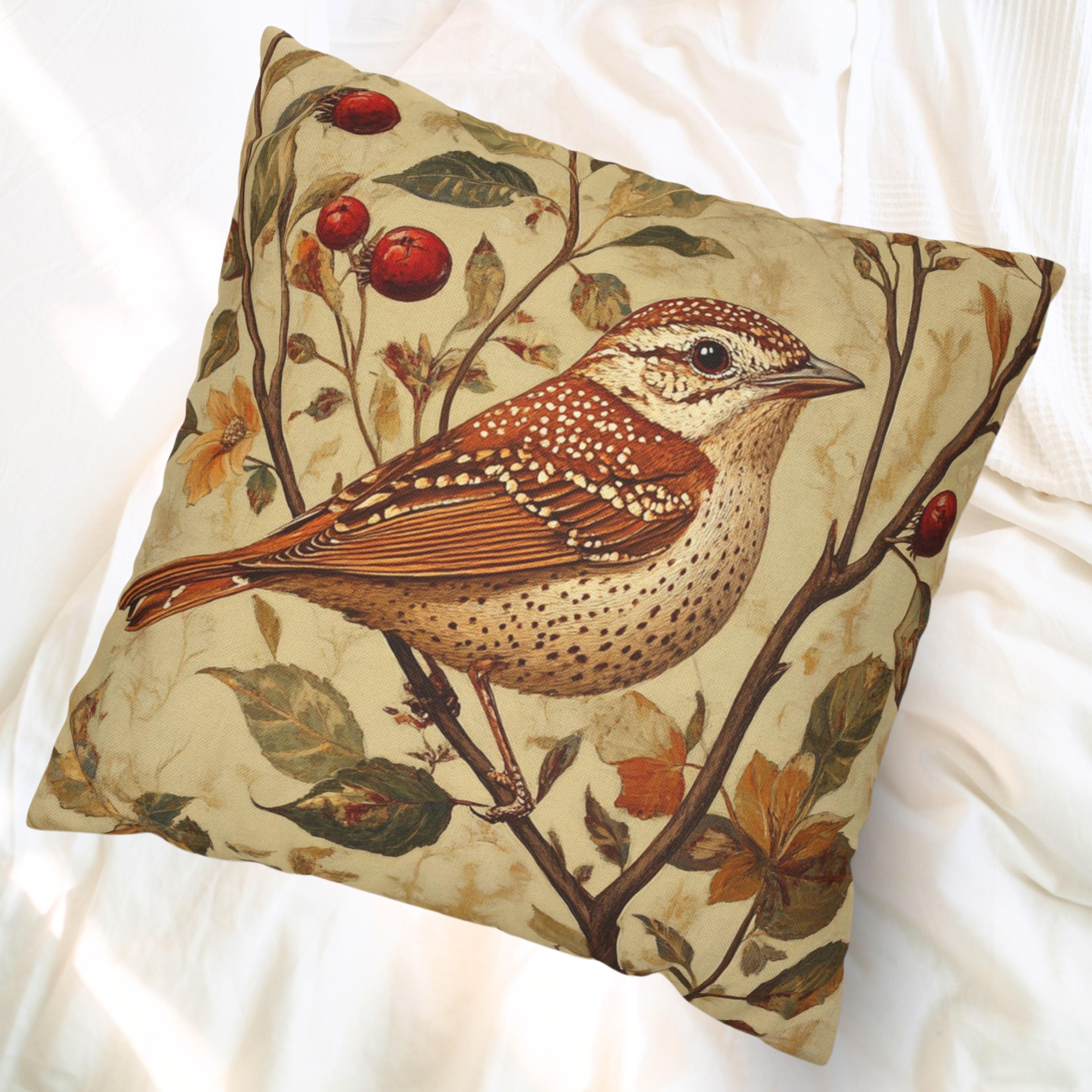 Vintage Wren Botanical Pillow Cover, Autumn Bird and Floral Cushion, Nature Inspired Farmhouse Decor, Rustic Cottagecore Throw Pillow