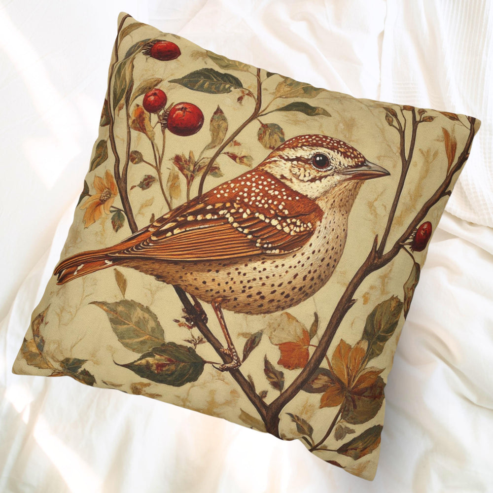 Vintage Wren Botanical Pillow Cover, Autumn Bird and Floral Cushion, Nature Inspired Farmhouse Decor, Rustic Cottagecore Throw Pillow