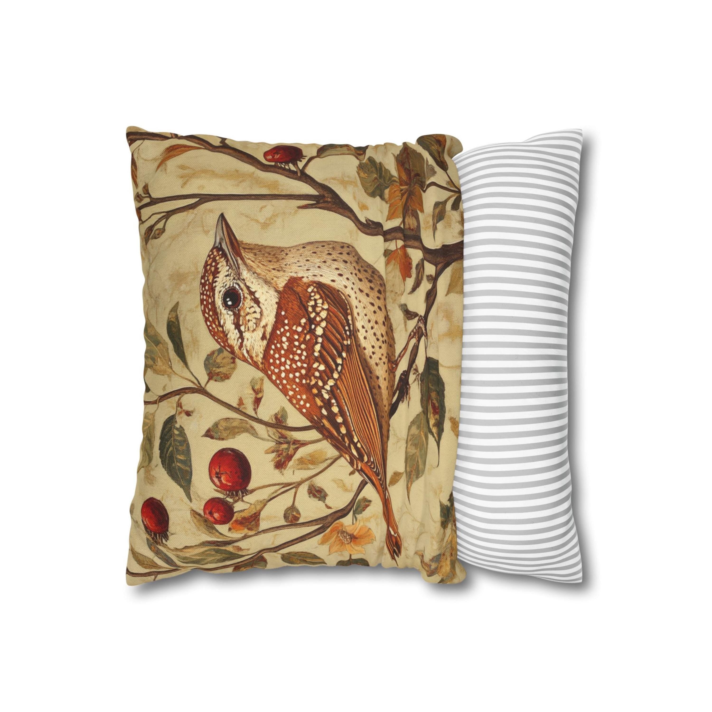 Vintage Wren Botanical Pillow Cover, Autumn Bird and Floral Cushion, Nature Inspired Farmhouse Decor, Rustic Cottagecore Throw Pillow