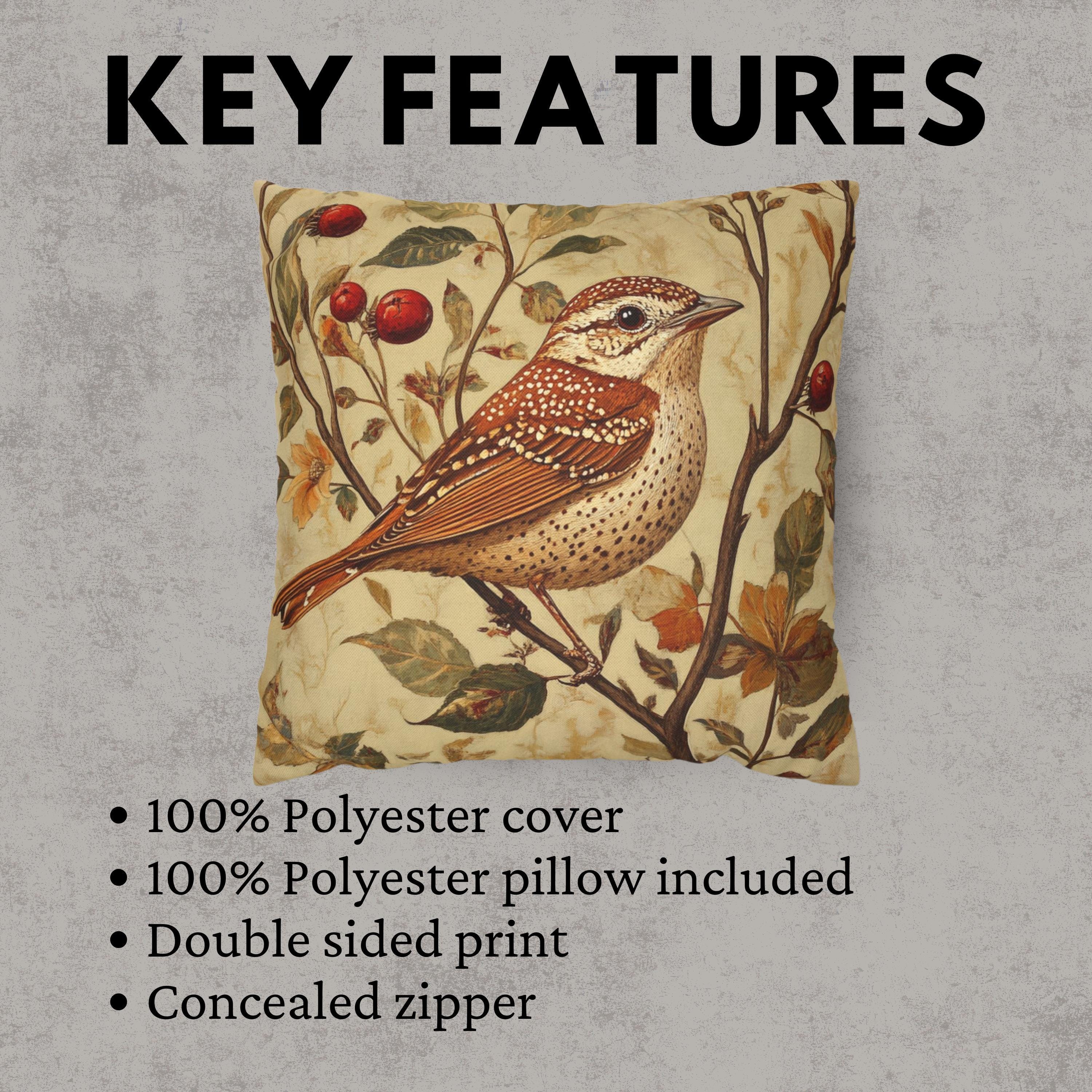 Vintage Wren Botanical Pillow Cover, Autumn Bird and Floral Cushion, Nature Inspired Farmhouse Decor, Rustic Cottagecore Throw Pillow