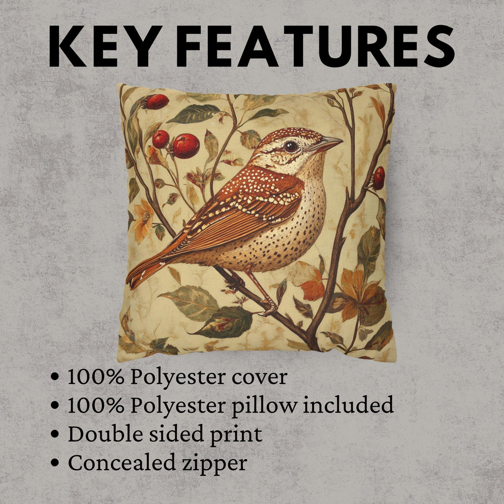 Vintage Wren Botanical Pillow Cover, Autumn Bird and Floral Cushion, Nature Inspired Farmhouse Decor, Rustic Cottagecore Throw Pillow
