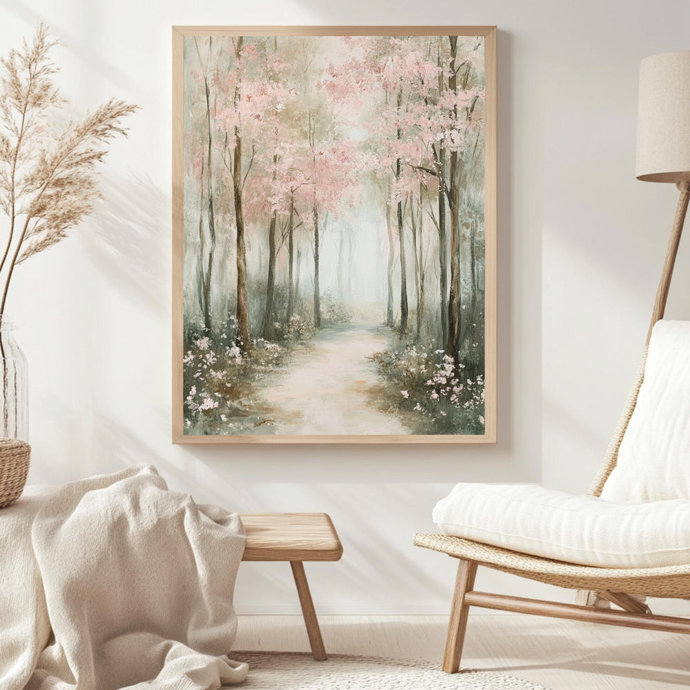 Muted Forest Framed Canvas, Trees Framed Wall Art, Natural Wood Framed Canvas for Bedroom, Moody Woodland Framed Art, Aesthetic Room Decor