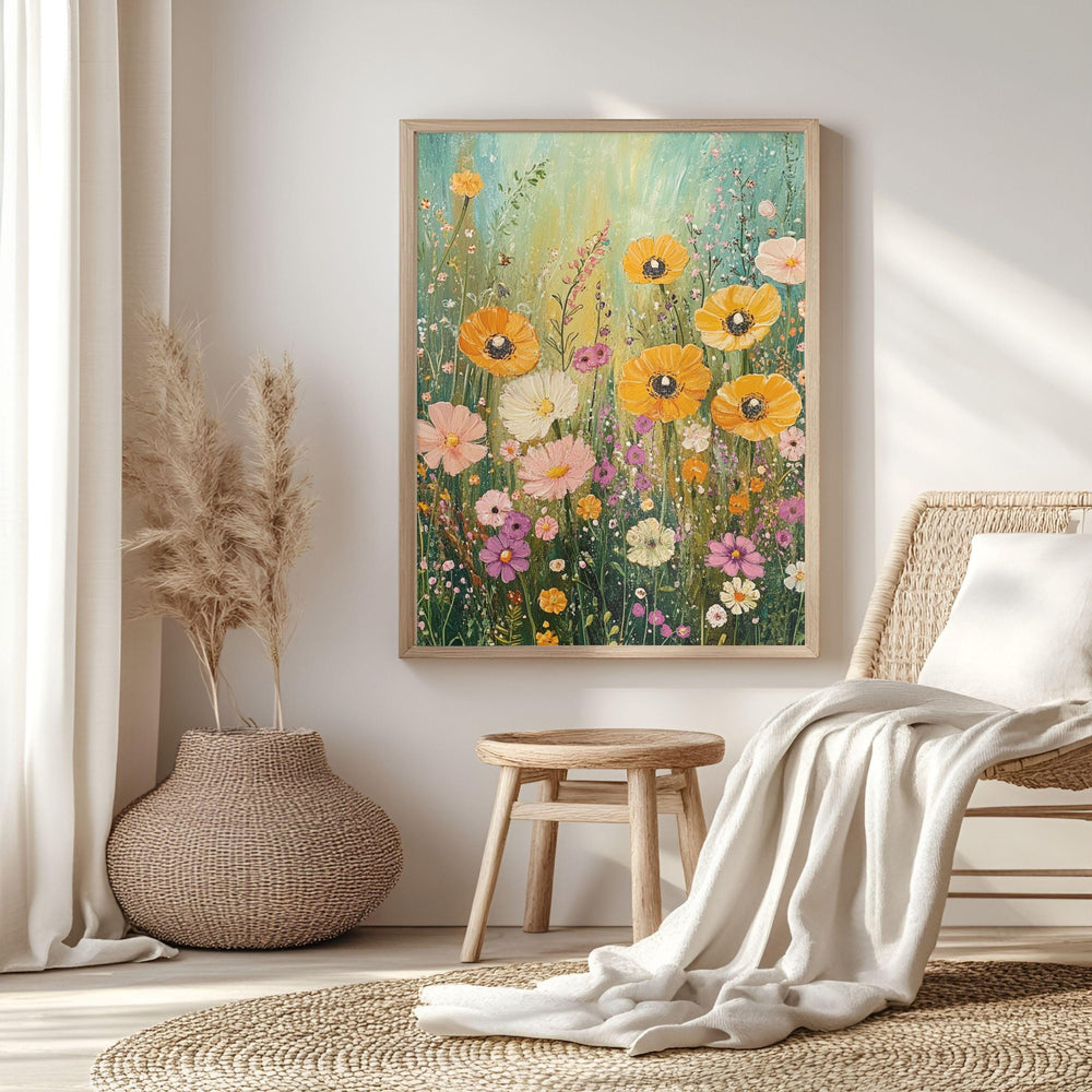 Wildflower Framed Wooden Wall Art, Whimsical Wildflowers Canvas Art, Cottagecore Botanical Home Decor, Rustic Boho Flower Artwork