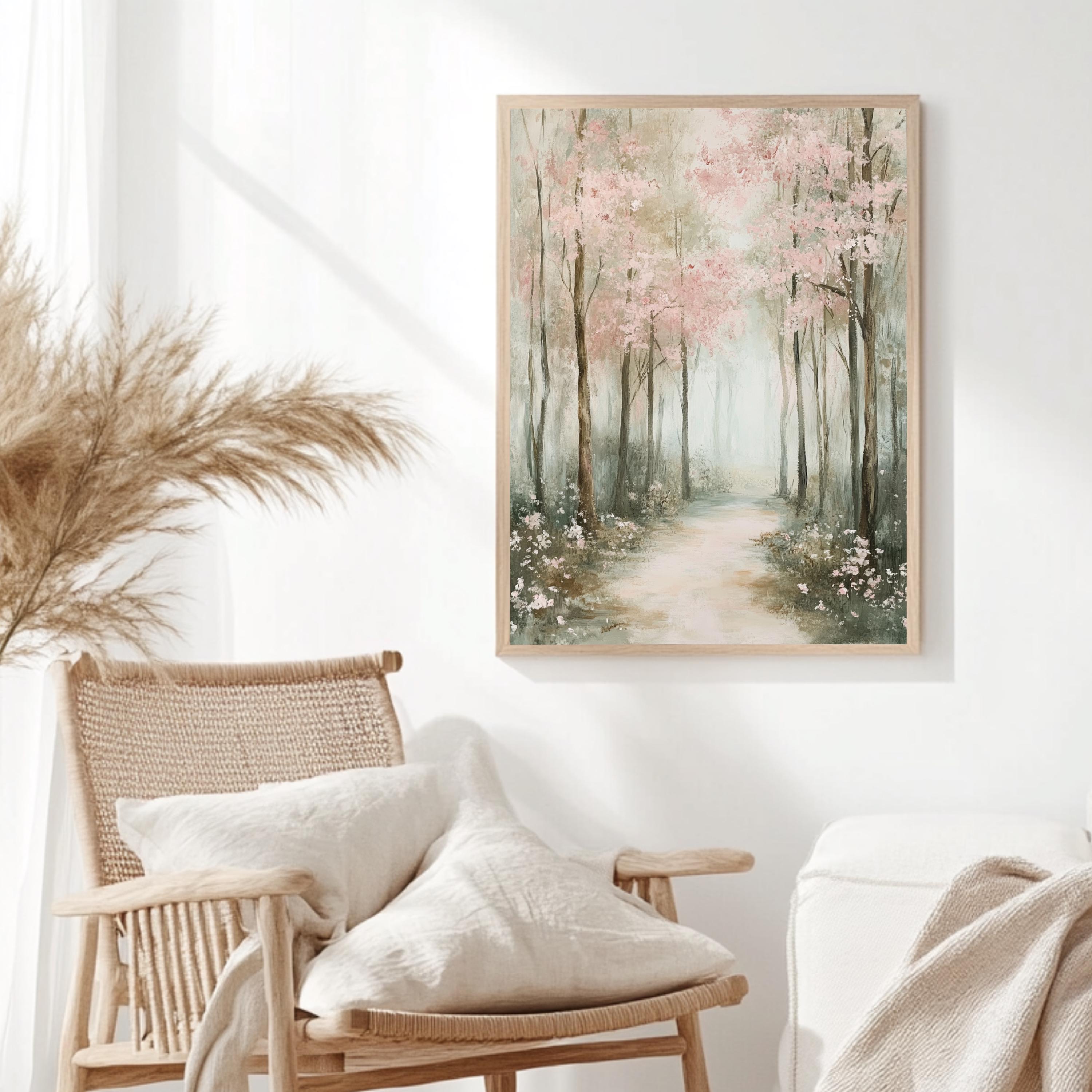 Muted Forest Framed Canvas, Trees Framed Wall Art, Natural Wood Framed Canvas for Bedroom, Moody Woodland Framed Art, Aesthetic Room Decor