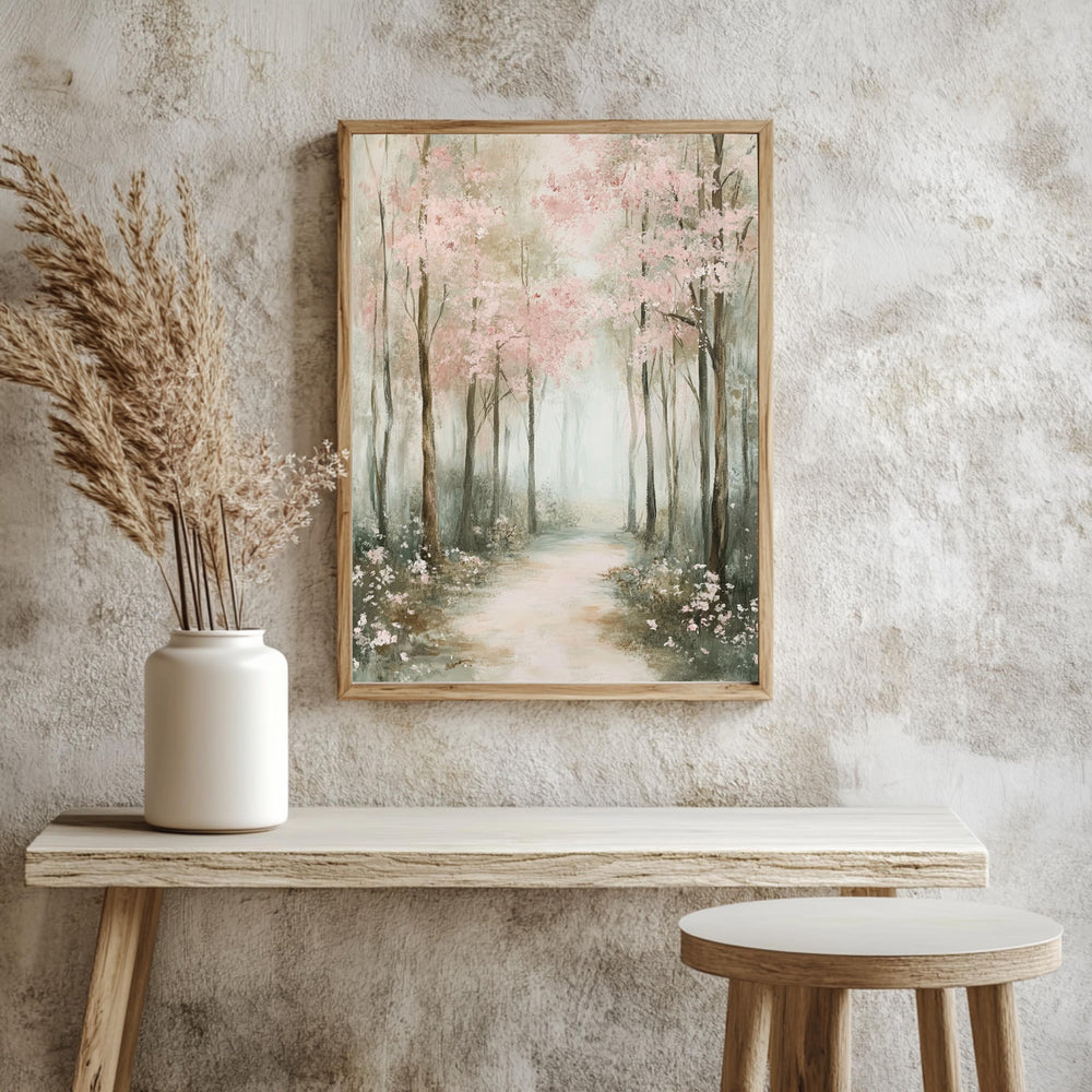 Muted Forest Framed Canvas, Trees Framed Wall Art, Natural Wood Framed Canvas for Bedroom, Moody Woodland Framed Art, Aesthetic Room Decor