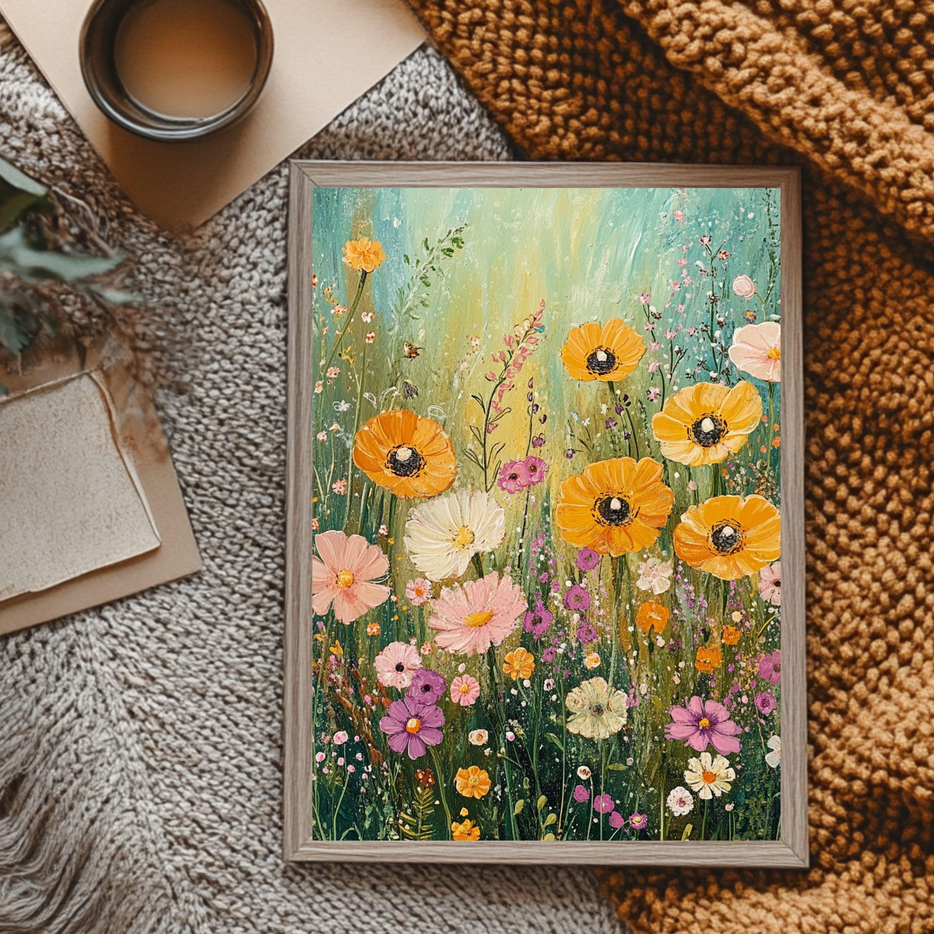 Wildflower Framed Wooden Wall Art, Whimsical Wildflowers Canvas Art, Cottagecore Botanical Home Decor, Rustic Boho Flower Artwork