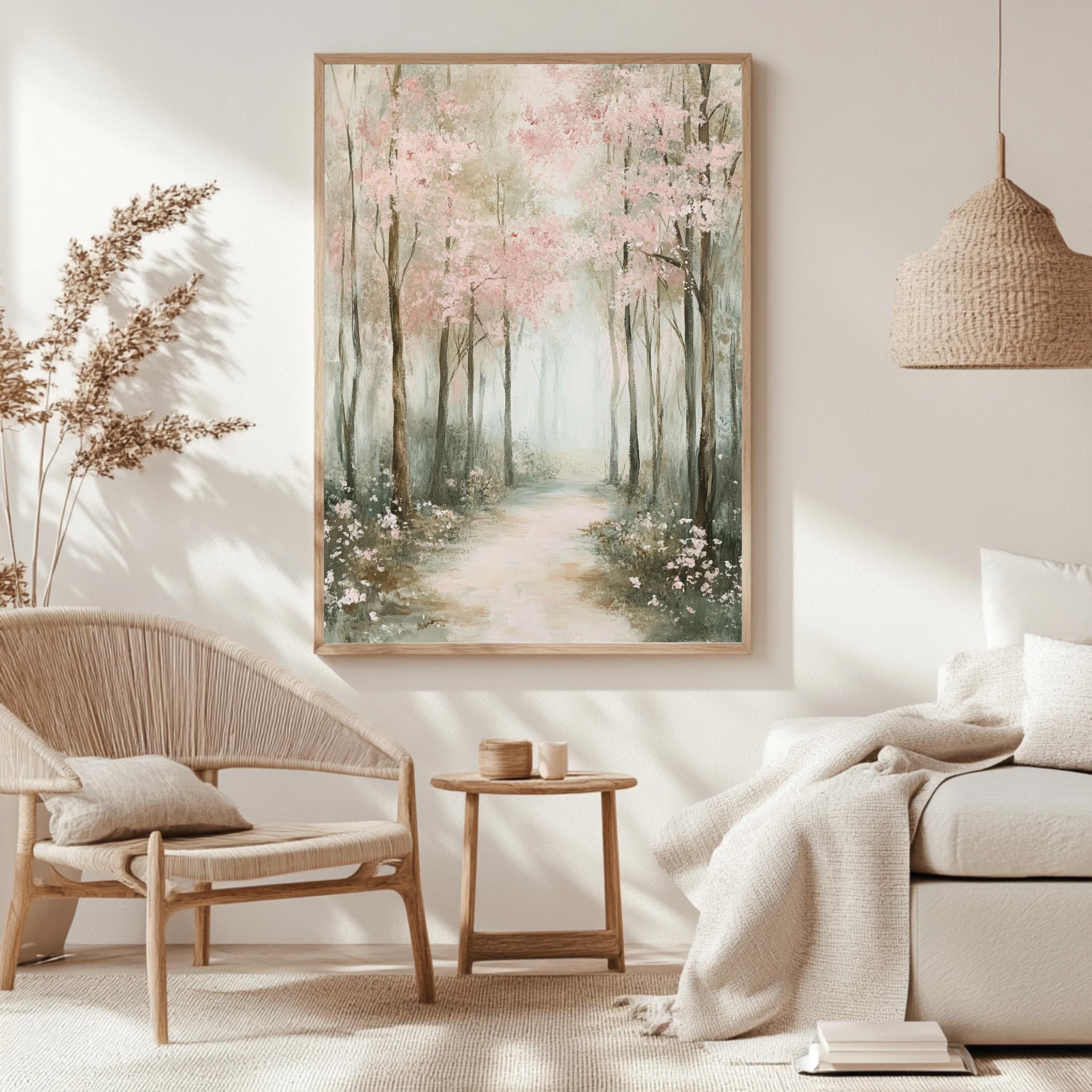 Muted Forest Framed Canvas, Trees Framed Wall Art, Natural Wood Framed Canvas for Bedroom, Moody Woodland Framed Art, Aesthetic Room Decor