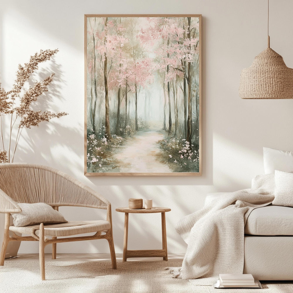 Muted Forest Framed Canvas, Trees Framed Wall Art, Natural Wood Framed Canvas for Bedroom, Moody Woodland Framed Art, Aesthetic Room Decor