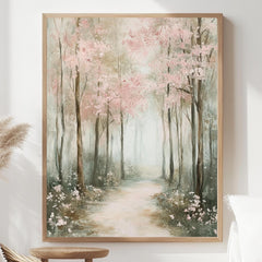 Muted Forest Framed Canvas, Trees Framed Wall Art, Natural Wood Framed Canvas for Bedroom, Moody Woodland Framed Art, Aesthetic Room Decor