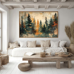 Autumn Pine Forest Wooden Framed Canvas, Warm Earth Tone Landscape Wall Art, Abstract Woodland Scene Print, Cozy Rustic Nature Decor