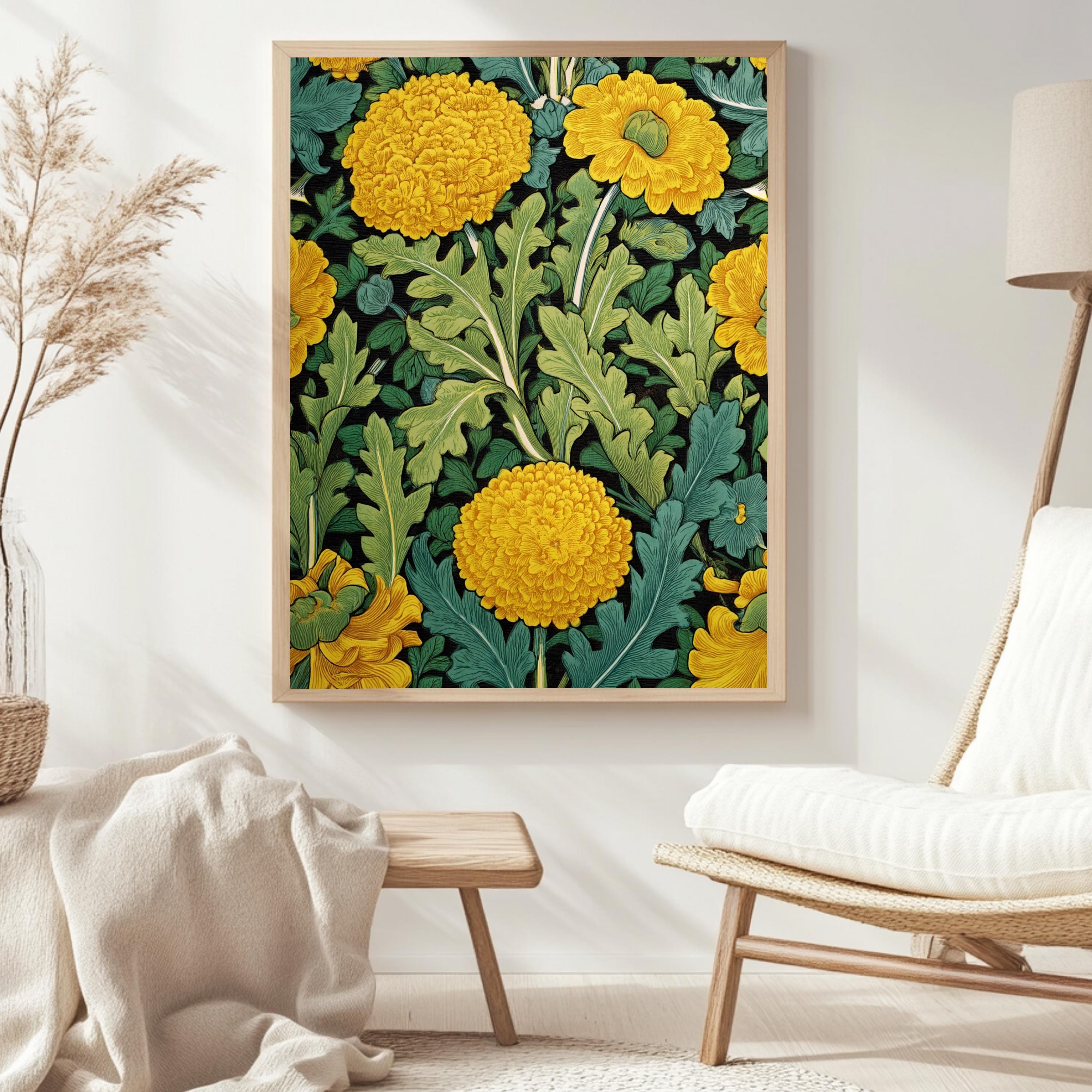 Yellow Marigold Wall Art, William Morris Inspired Floral Canvas, Vintage Botanical Garden Print, Cottagecore Framed Nature Decor