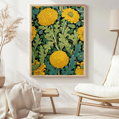 Yellow Marigold Wall Art, William Morris Inspired Floral Canvas, Vintage Botanical Garden Print, Cottagecore Framed Nature Decor