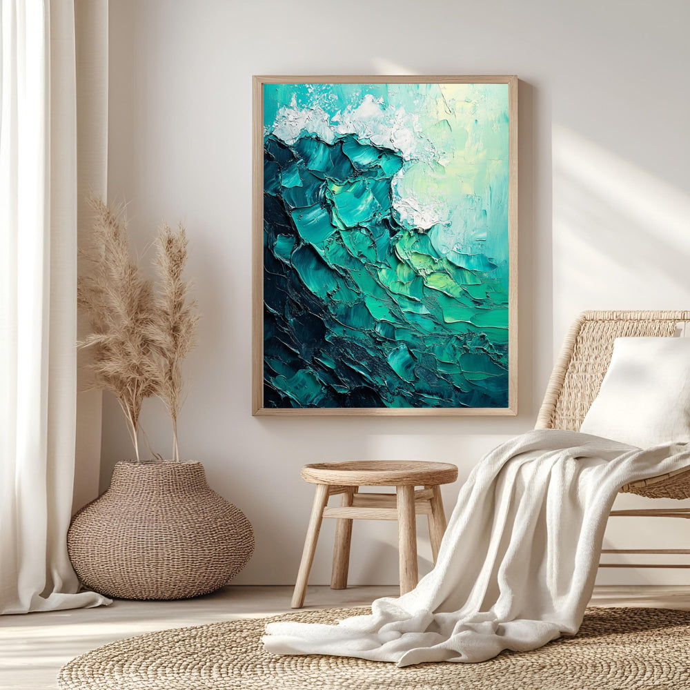Teal Ocean Wave Framed Canvas, Textured Look Seascape Wall Art Abstract Coastal Painting Modern Beach House Decor, Nautical Aesthetic Accent