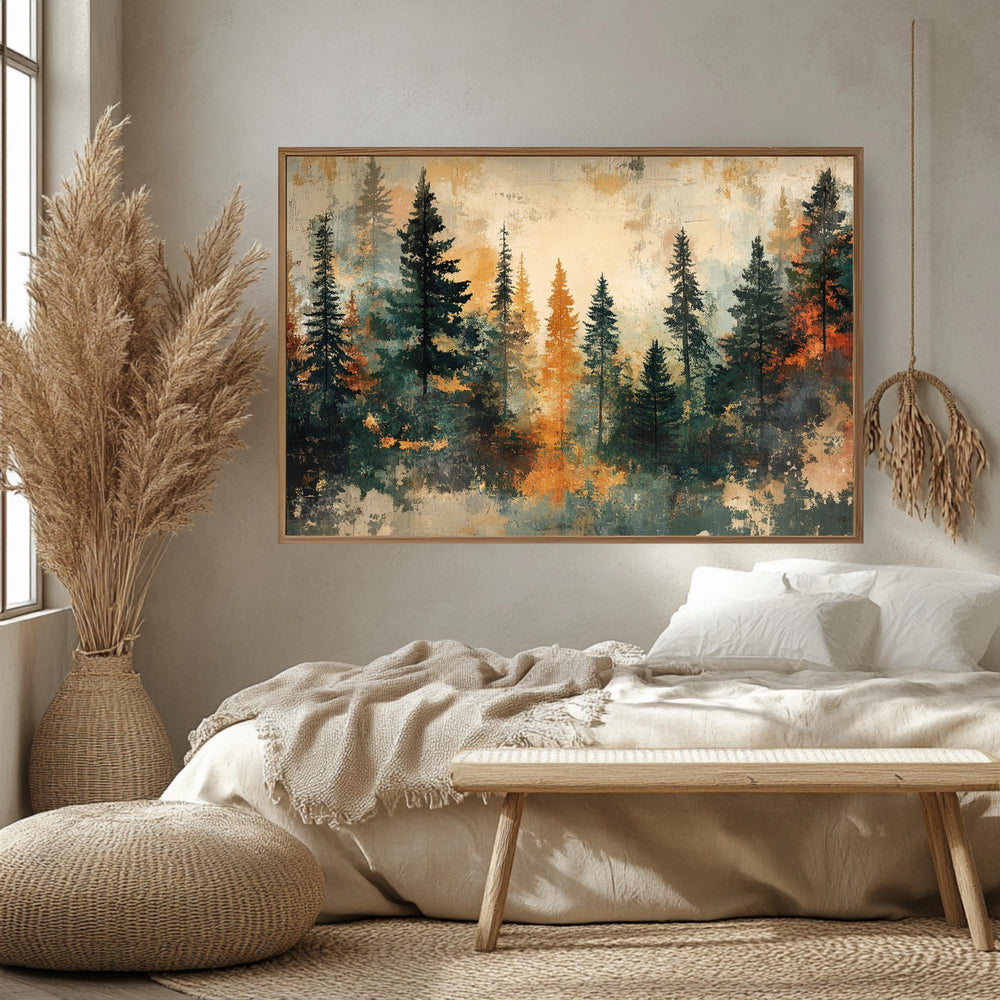 Autumn Pine Forest Wooden Framed Canvas, Warm Earth Tone Landscape Wall Art, Abstract Woodland Scene Print, Cozy Rustic Nature Decor