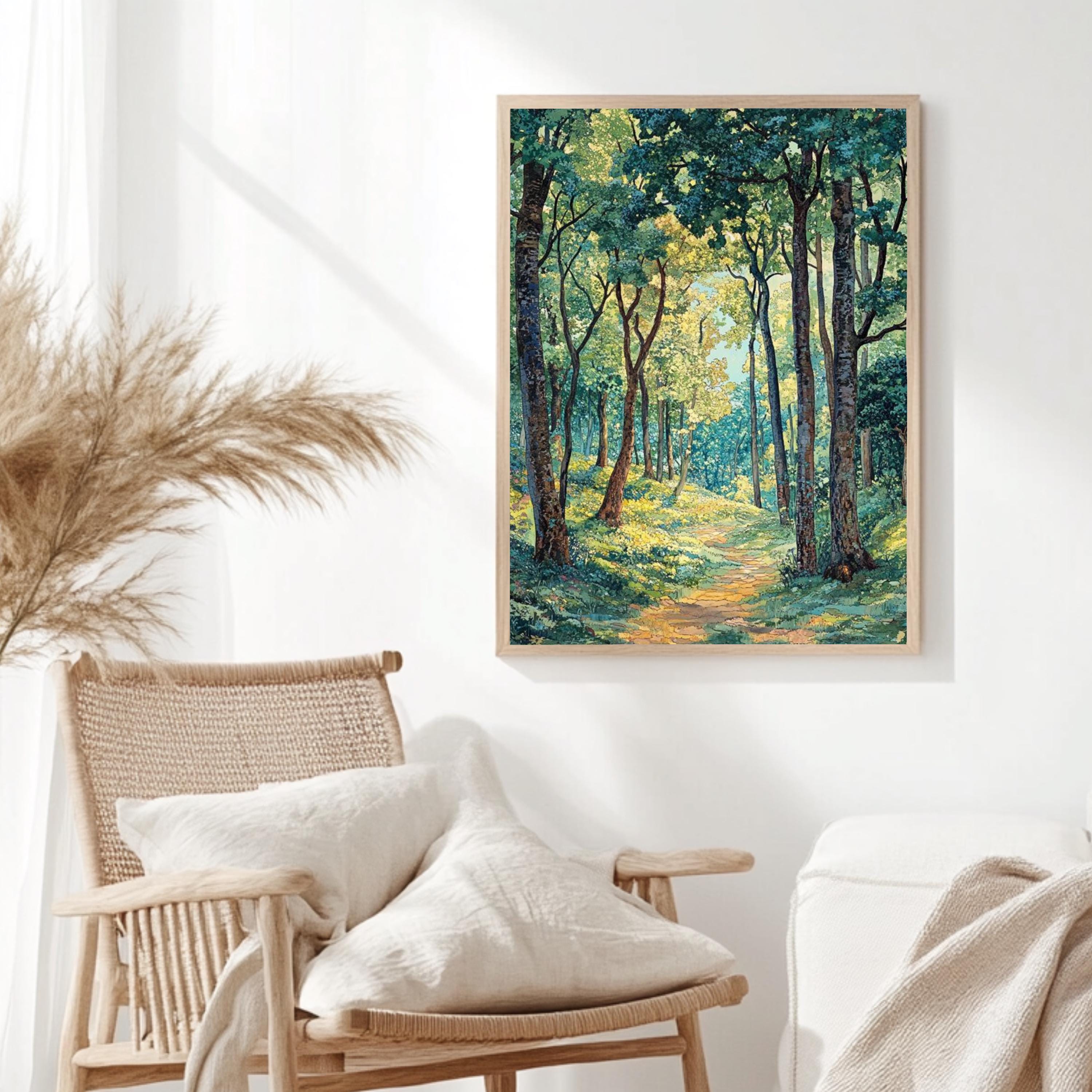 William Morris Sunlit Forest Path Framed Canvas, Peaceful Nature Landscape Wall Art, Serene Woodland Trail Print, Cottagecore Tree Decor