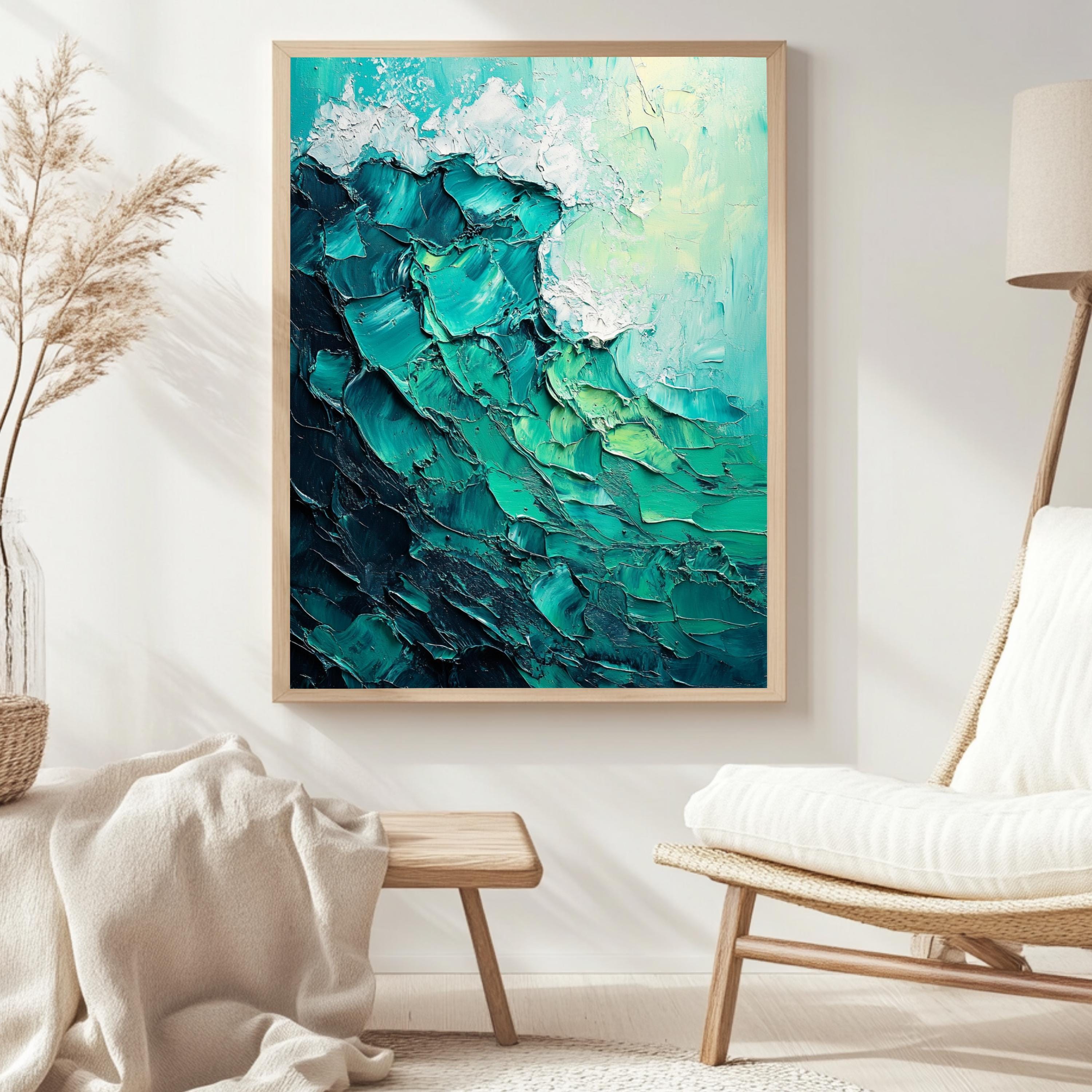 Teal Ocean Wave Framed Canvas, Textured Look Seascape Wall Art Abstract Coastal Painting Modern Beach House Decor, Nautical Aesthetic Accent