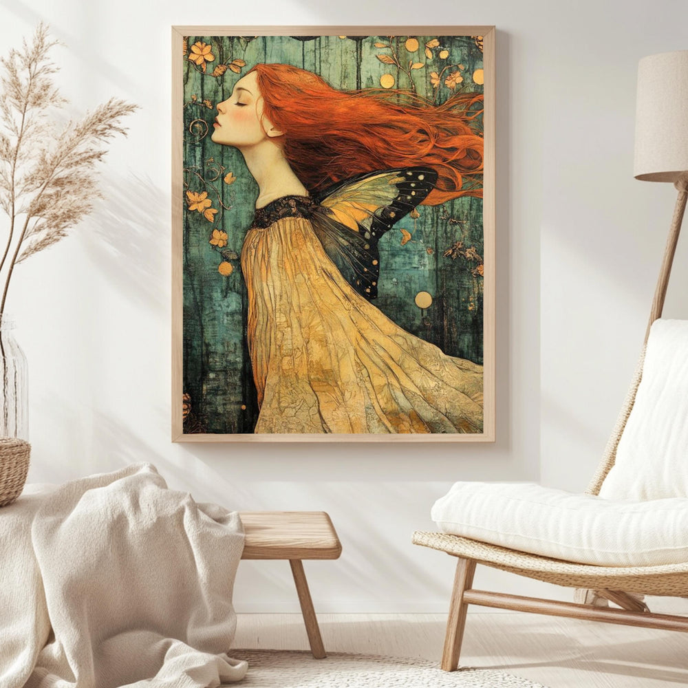 Enchanted Fairy Woman Framed Canvas, Whimsical Butterfly Wings Art, Mystical Fantasy Wall Decor, Ethereal Nature Print, Boho Woodland Accent