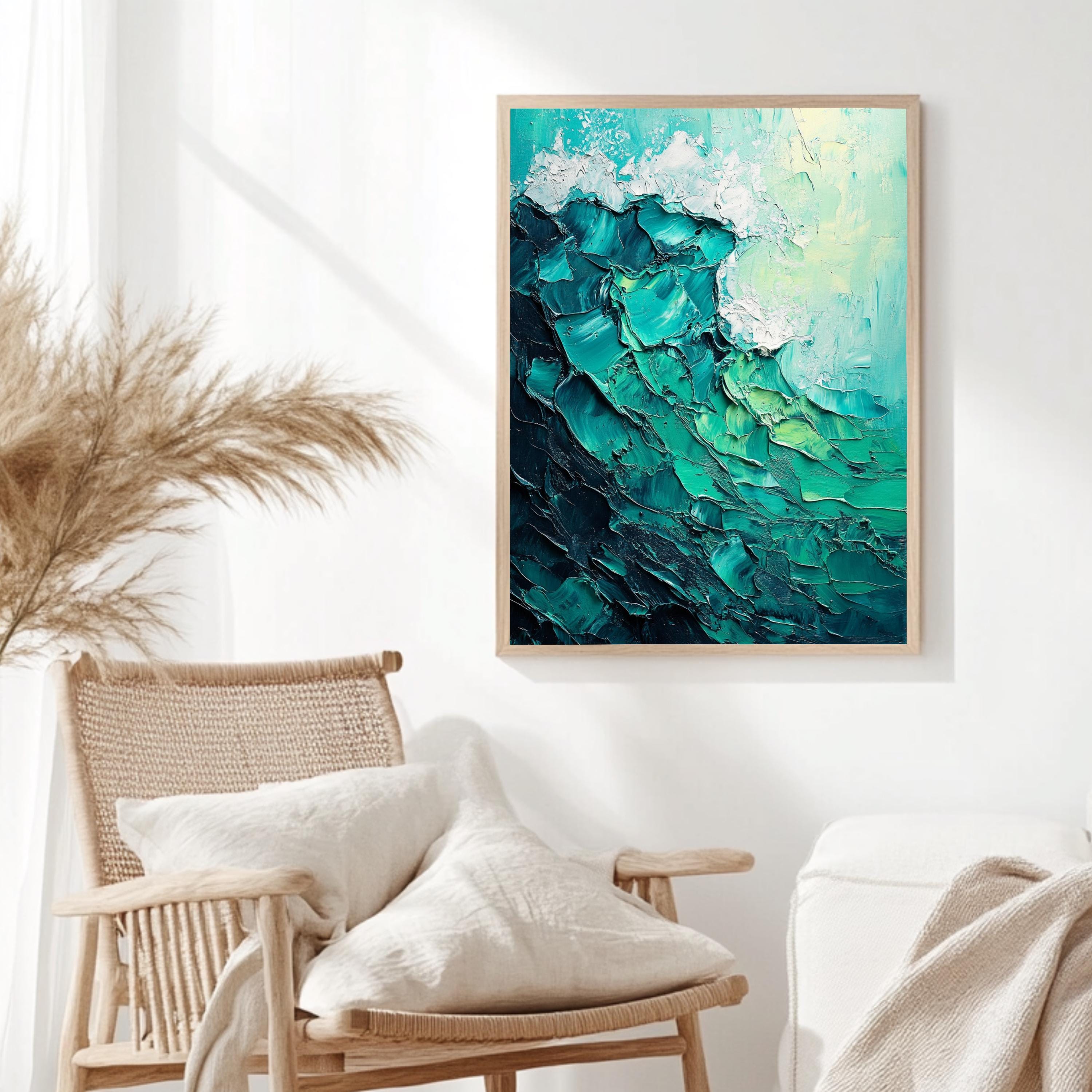 Teal Ocean Wave Framed Canvas, Textured Look Seascape Wall Art Abstract Coastal Painting Modern Beach House Decor, Nautical Aesthetic Accent