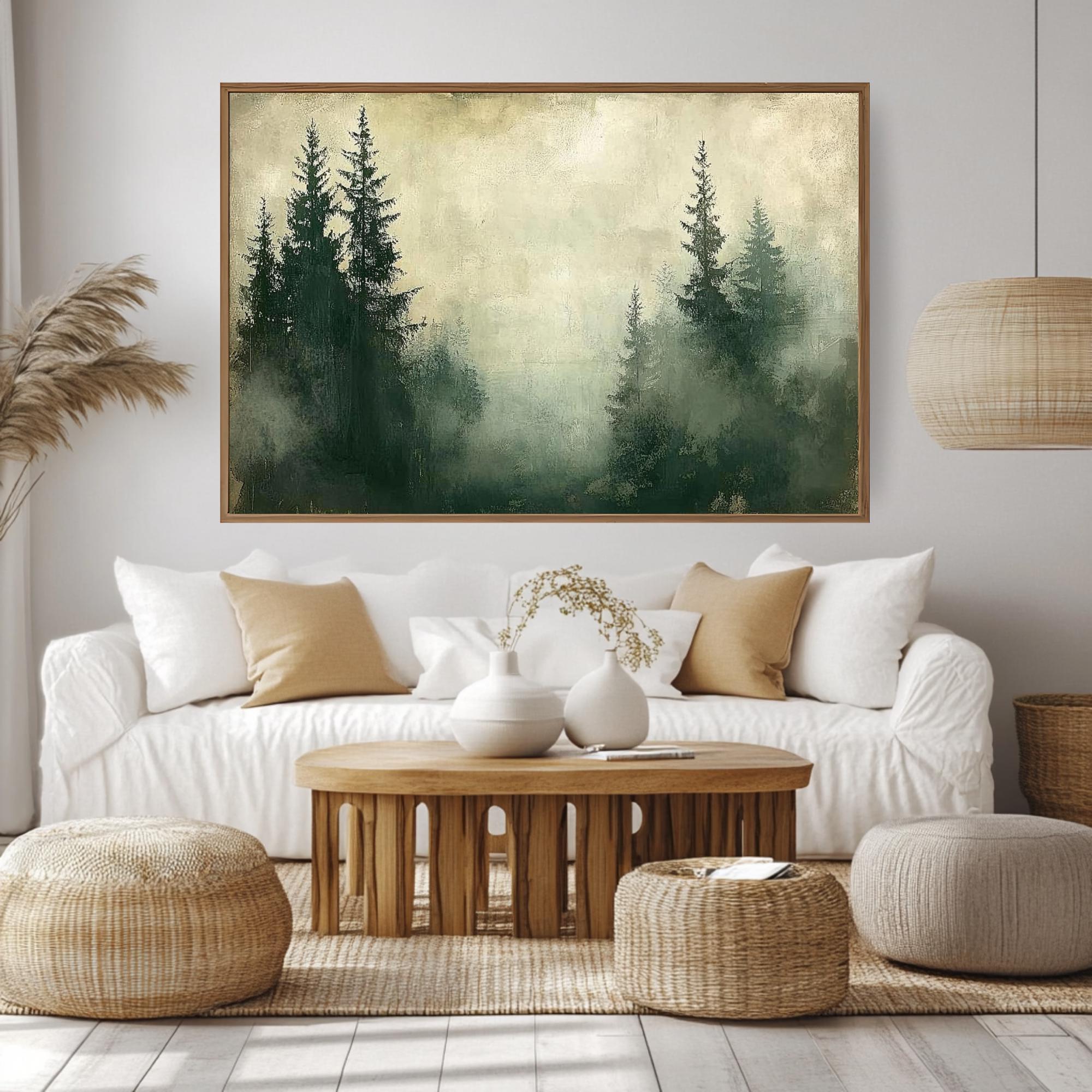 Foggy Pine Forest Wooden Framed Canvas, Muted Green Woodland Wall Art, Serene Misty Landscape Print, Dreamy Nature Scene Home Decor