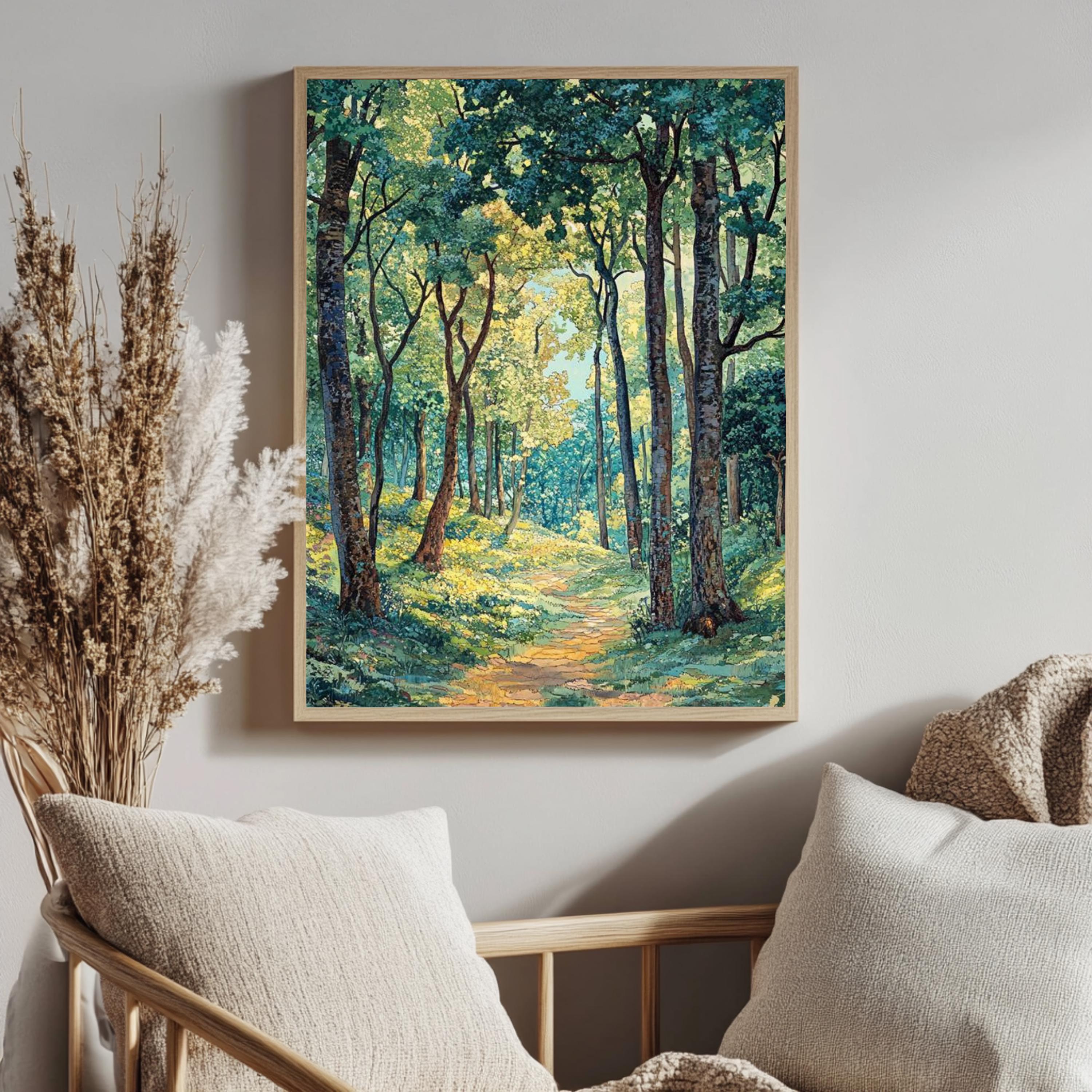 William Morris Sunlit Forest Path Framed Canvas, Peaceful Nature Landscape Wall Art, Serene Woodland Trail Print, Cottagecore Tree Decor