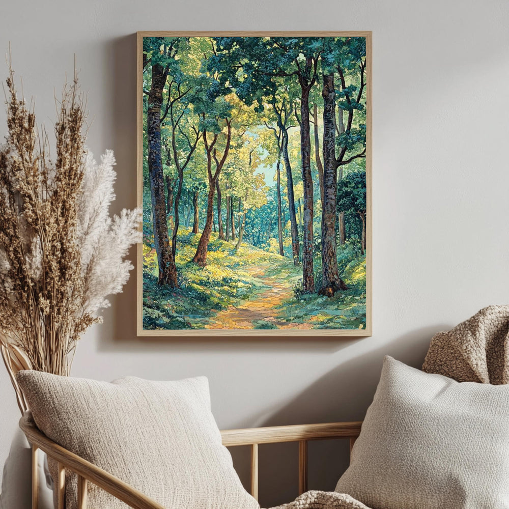 William Morris Sunlit Forest Path Framed Canvas, Peaceful Nature Landscape Wall Art, Serene Woodland Trail Print, Cottagecore Tree Decor
