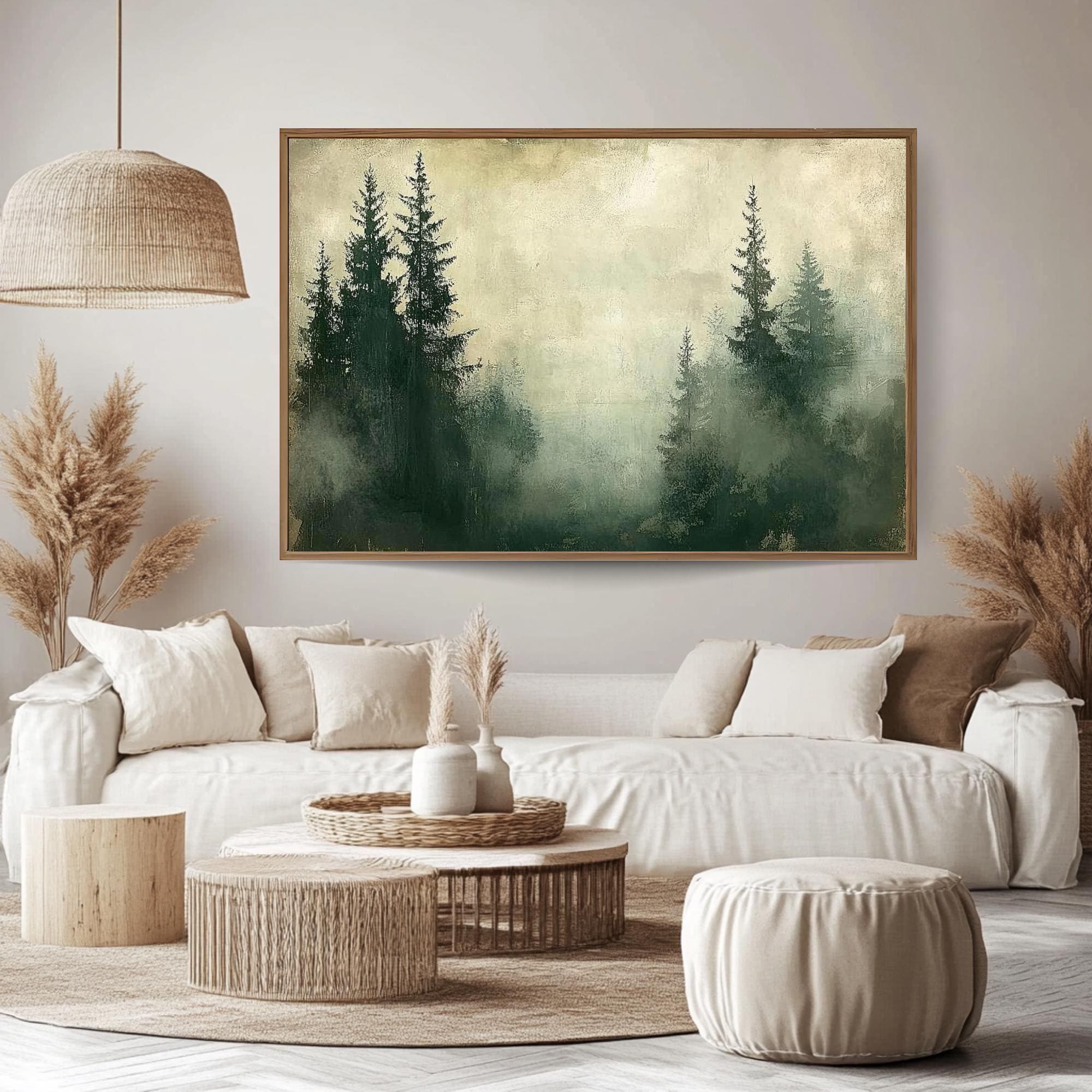 Foggy Pine Forest Wooden Framed Canvas, Muted Green Woodland Wall Art, Serene Misty Landscape Print, Dreamy Nature Scene Home Decor