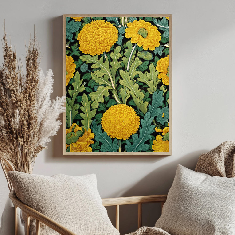 Yellow Marigold Wall Art, William Morris Inspired Floral Canvas, Vintage Botanical Garden Print, Cottagecore Framed Nature Decor