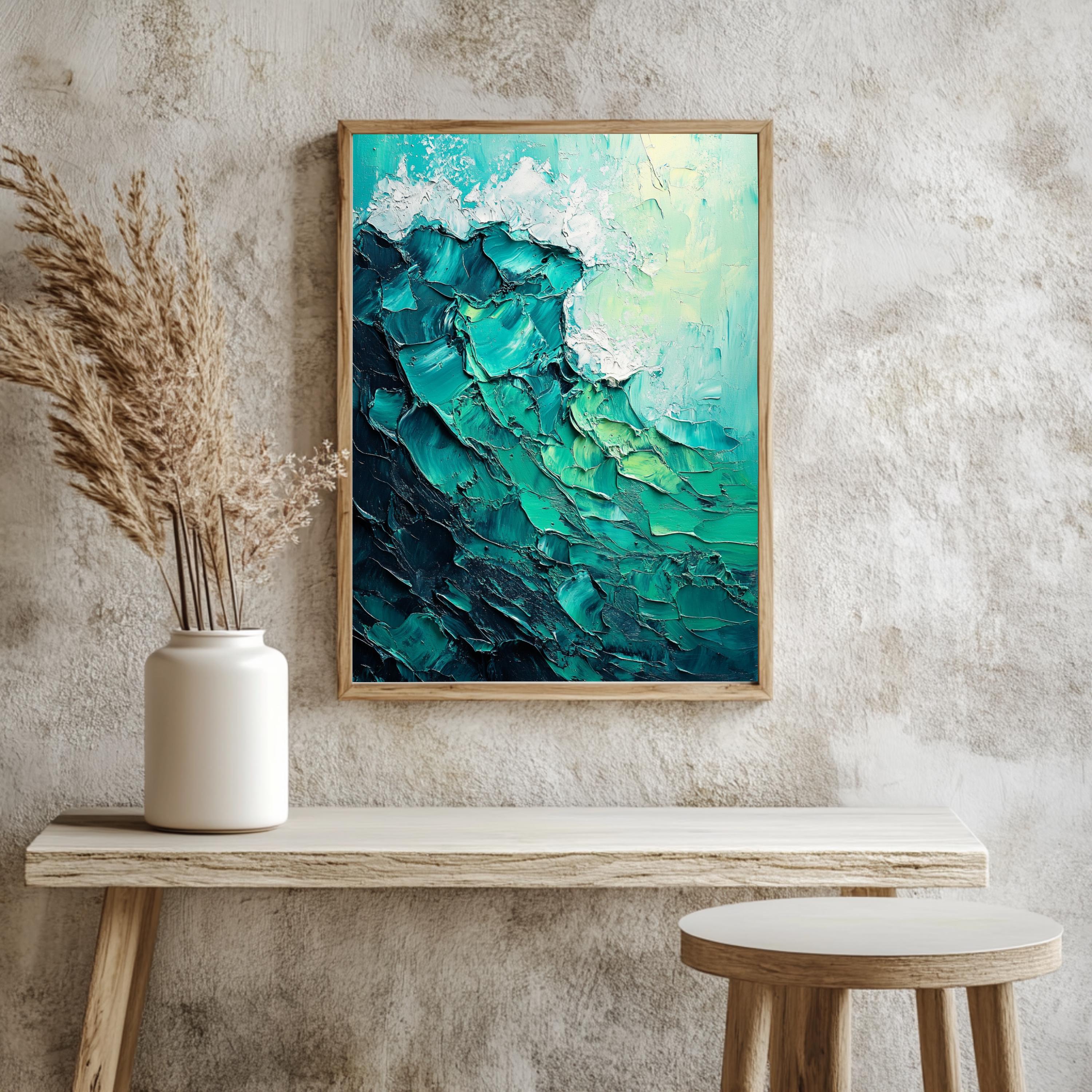 Teal Ocean Wave Framed Canvas, Textured Look Seascape Wall Art Abstract Coastal Painting Modern Beach House Decor, Nautical Aesthetic Accent