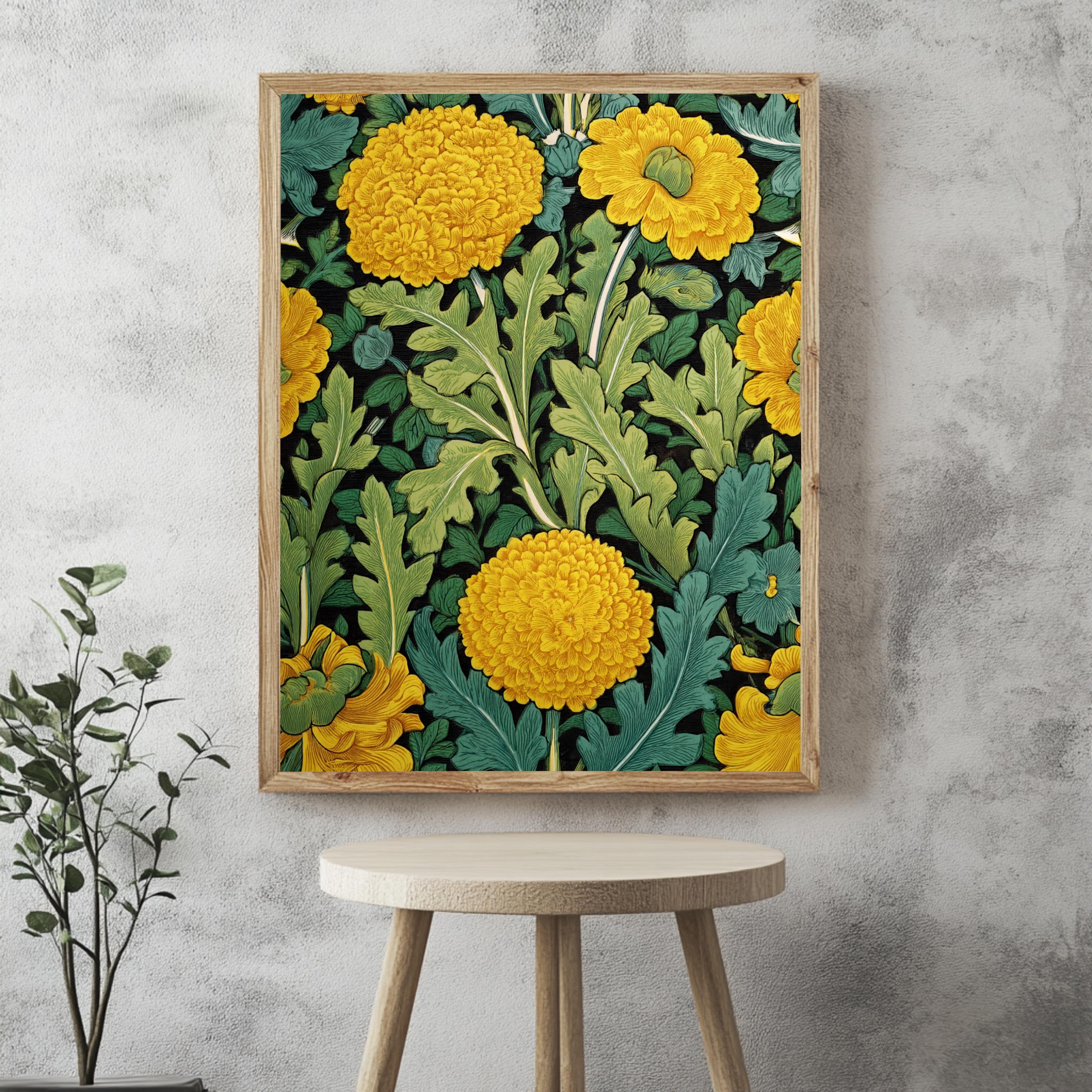Yellow Marigold Wall Art, William Morris Inspired Floral Canvas, Vintage Botanical Garden Print, Cottagecore Framed Nature Decor