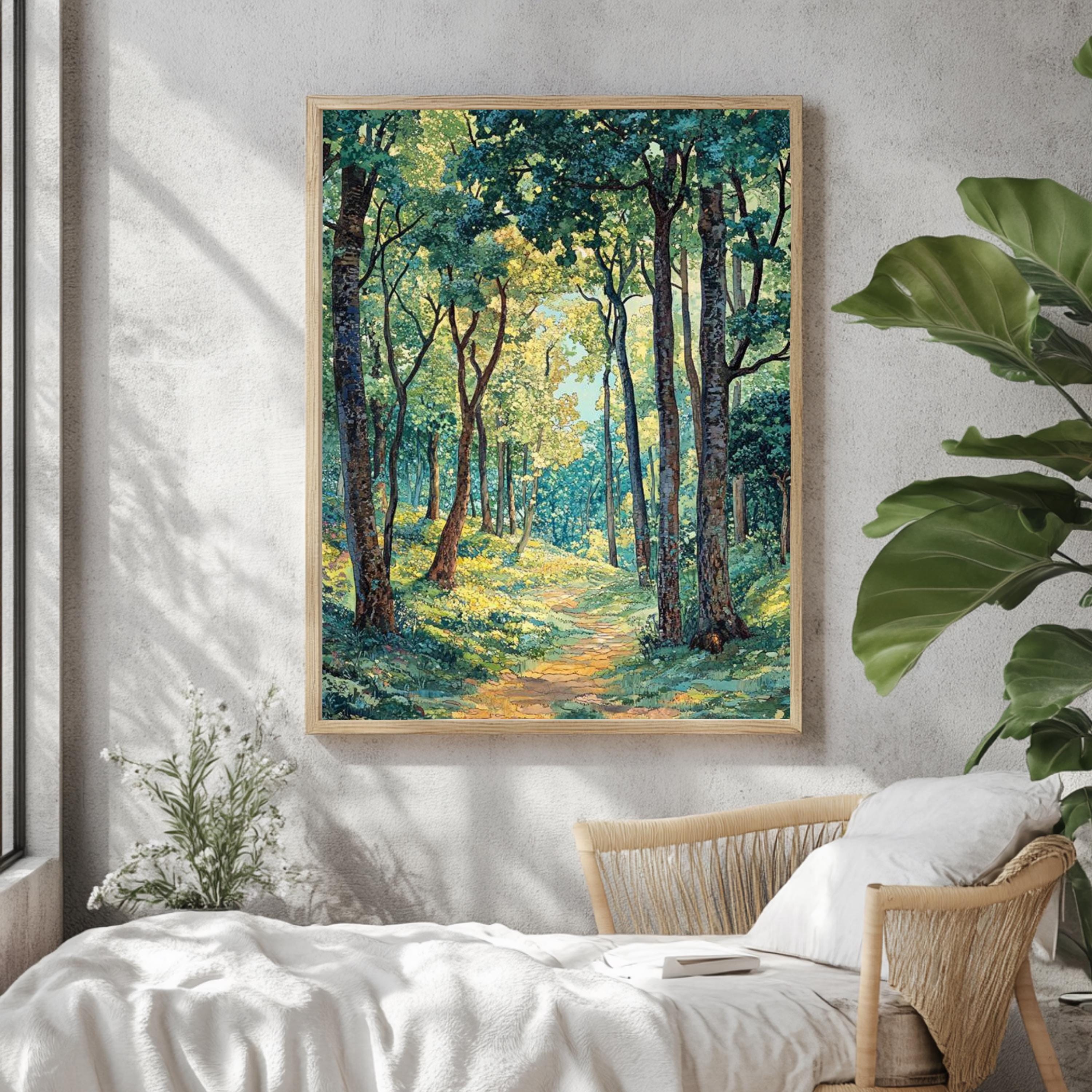 William Morris Sunlit Forest Path Framed Canvas, Peaceful Nature Landscape Wall Art, Serene Woodland Trail Print, Cottagecore Tree Decor