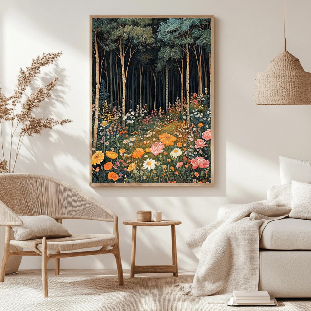 Forest Wildflower Meadow Framed Canvas, Vibrant Cottagecore Nature Wall Art, Blooming Floral Field Print, Botanical Woodland Decor