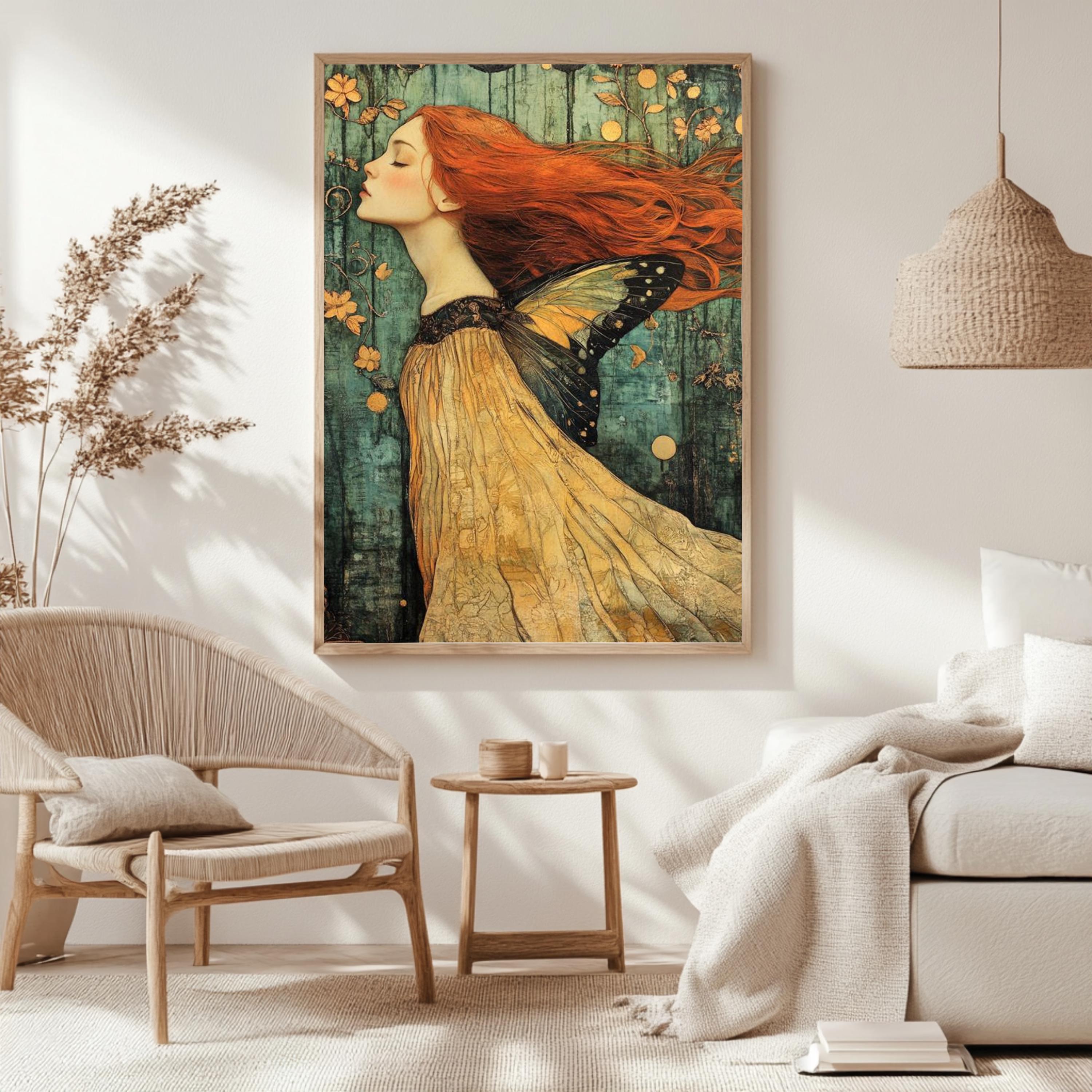 Enchanted Fairy Woman Framed Canvas, Whimsical Butterfly Wings Art, Mystical Fantasy Wall Decor, Ethereal Nature Print, Boho Woodland Accent