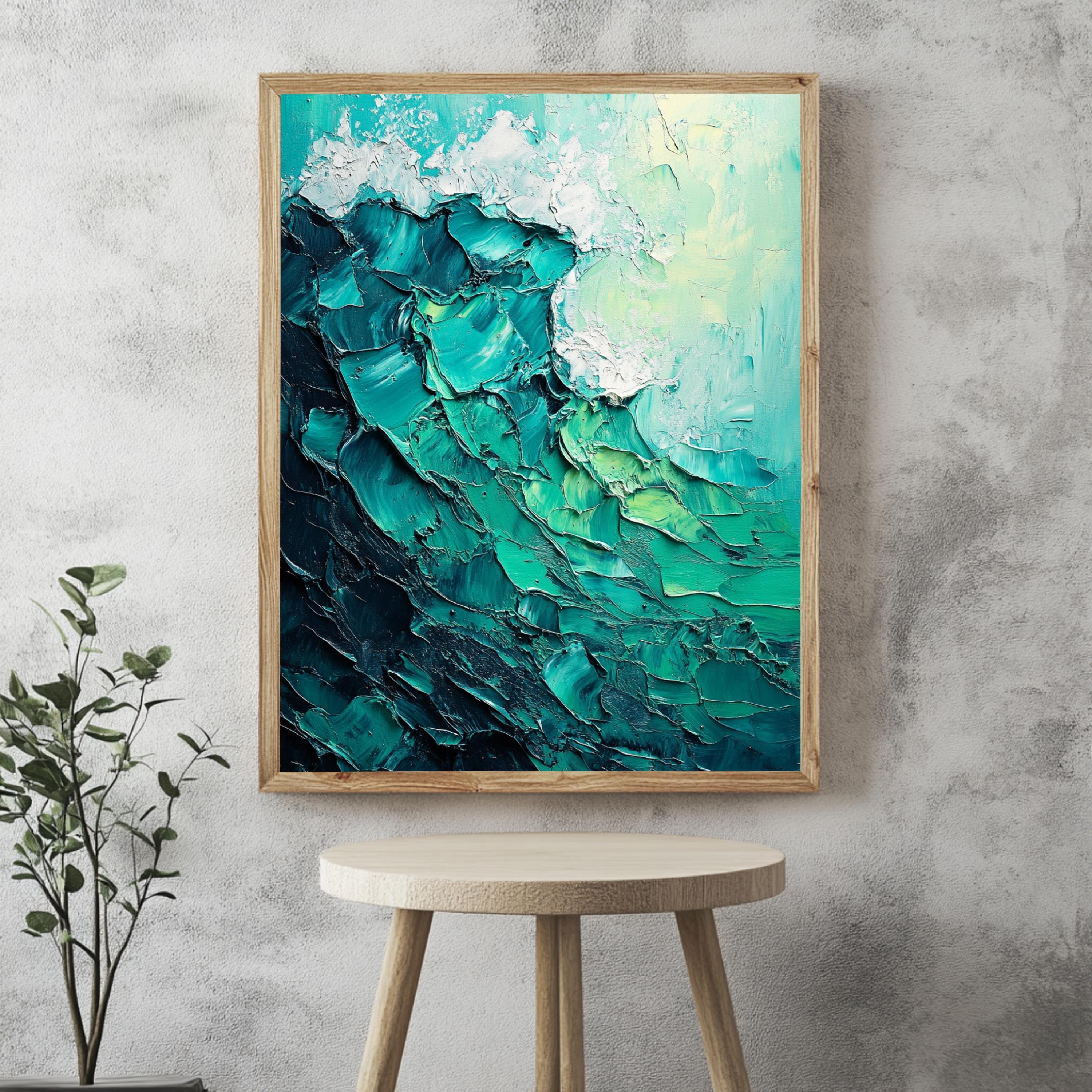 Teal Ocean Wave Framed Canvas, Textured Look Seascape Wall Art Abstract Coastal Painting Modern Beach House Decor, Nautical Aesthetic Accent